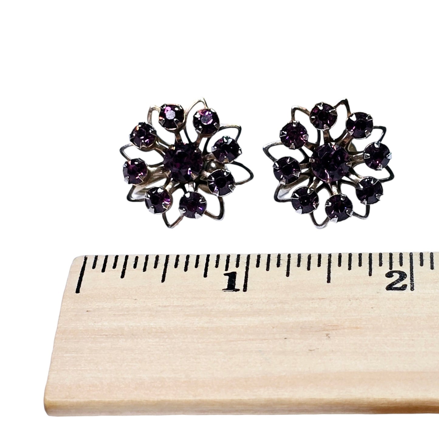 Vintage Purple Rhinestine Screw-Back Clip On Earrings, Shade of Purple Amythest Color, Flower Shape