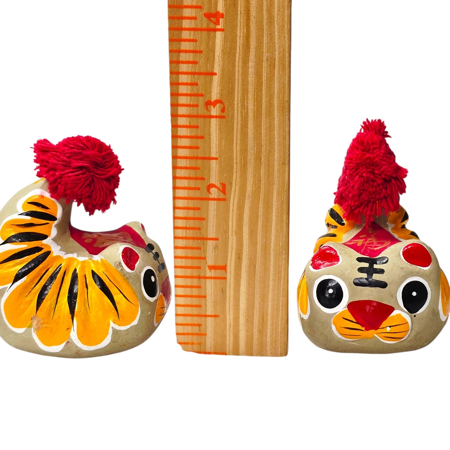 Vintage Chinese Folk Art Clay Tigers Pair Shrimp Body Style Good Luck Fu Wan