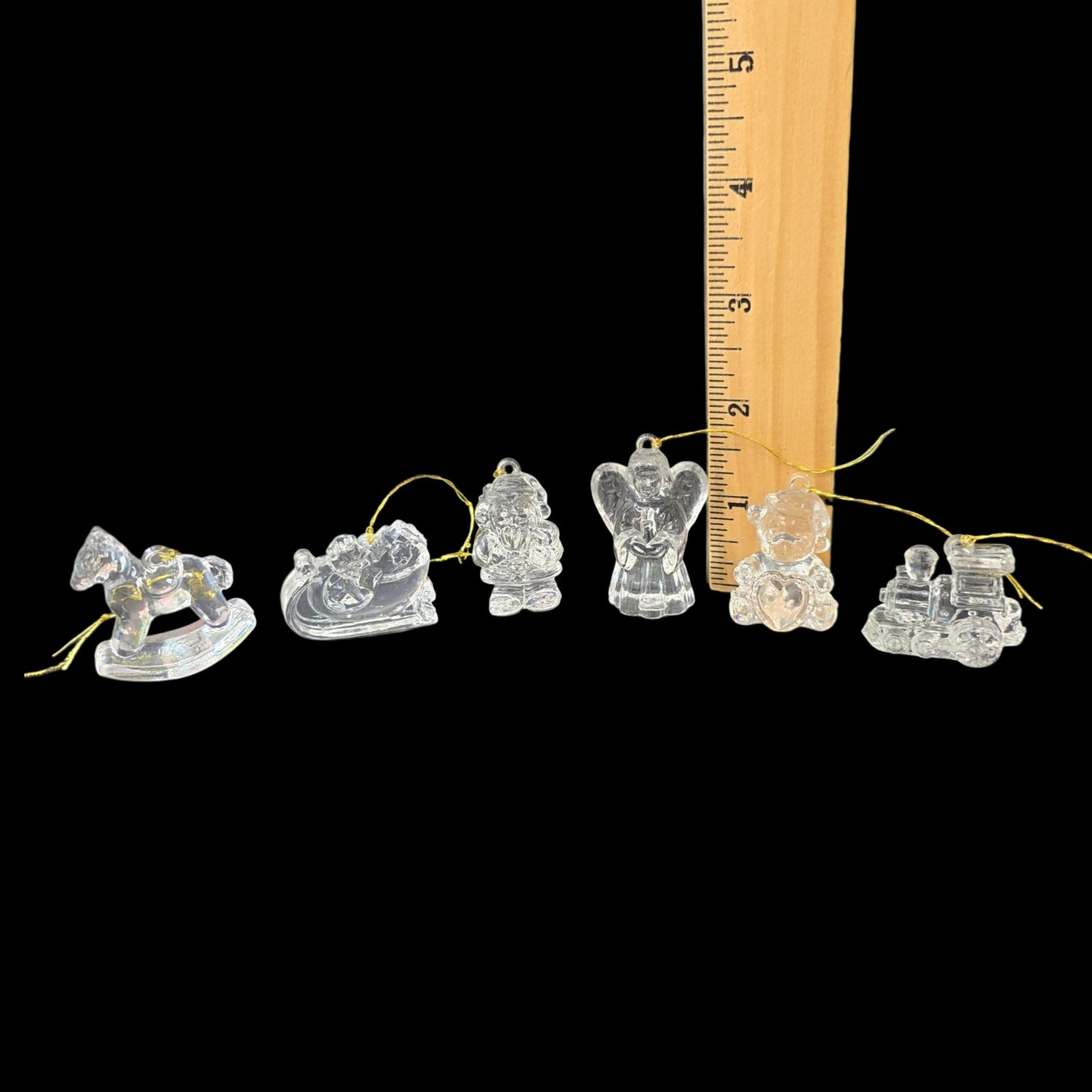 Set of 6 Vintage Miniature Clear Acrylic Christmas Ornaments