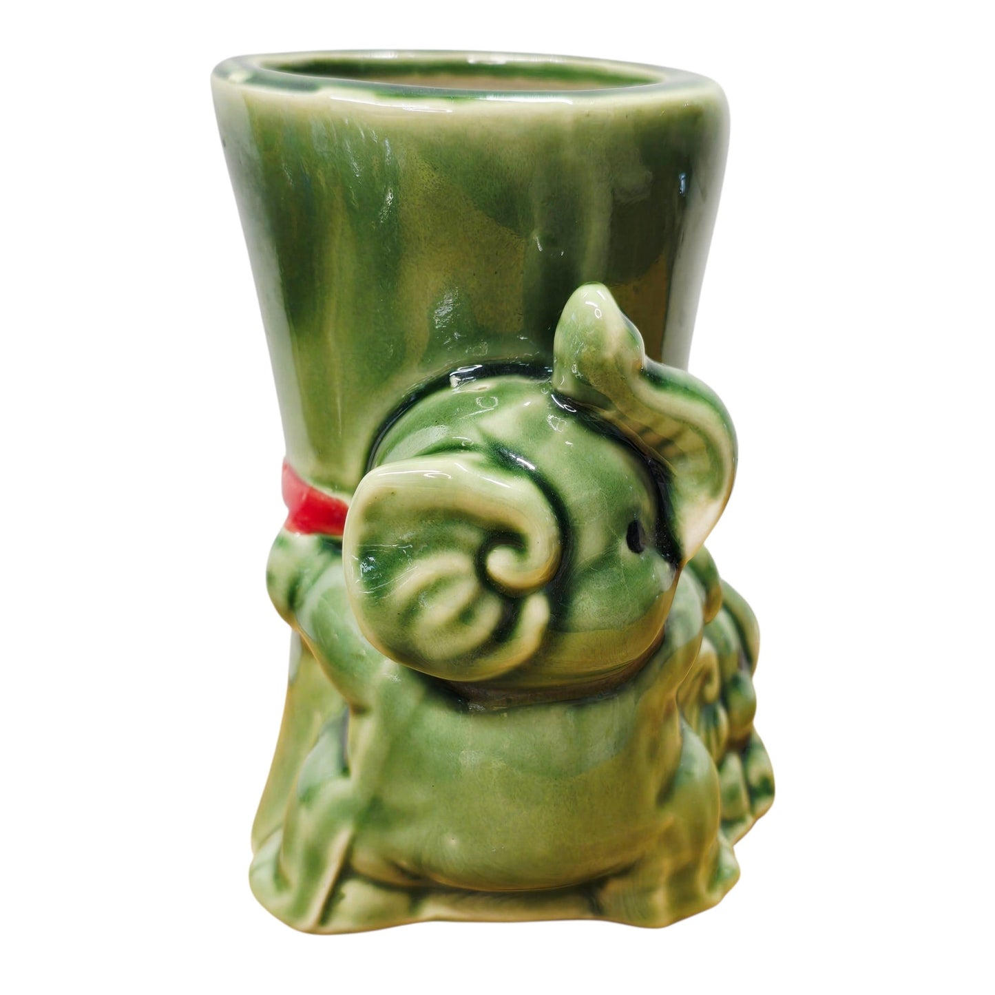 Vintage Green Elephant Ceramic Planter Rolled Scroll Design with Red Bow 5"