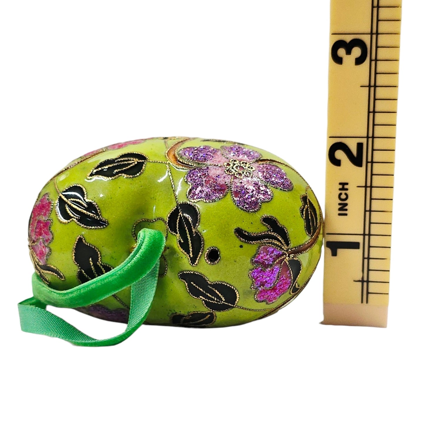 Cloisonne Puffy Heart Hanging Decor Ornament Green with Red Purple Flowers