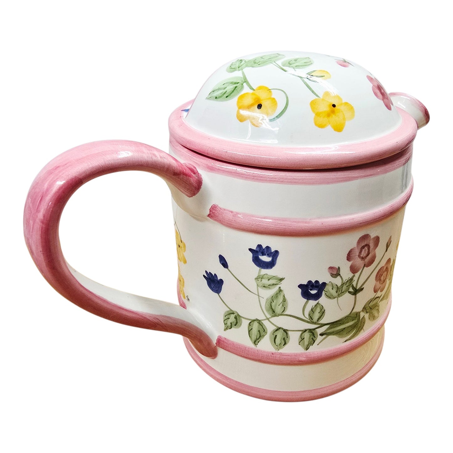 Vtg Lillian Vernon Floral Watering Can Teapot Pink Trim Ceramic Hand Painted Lid