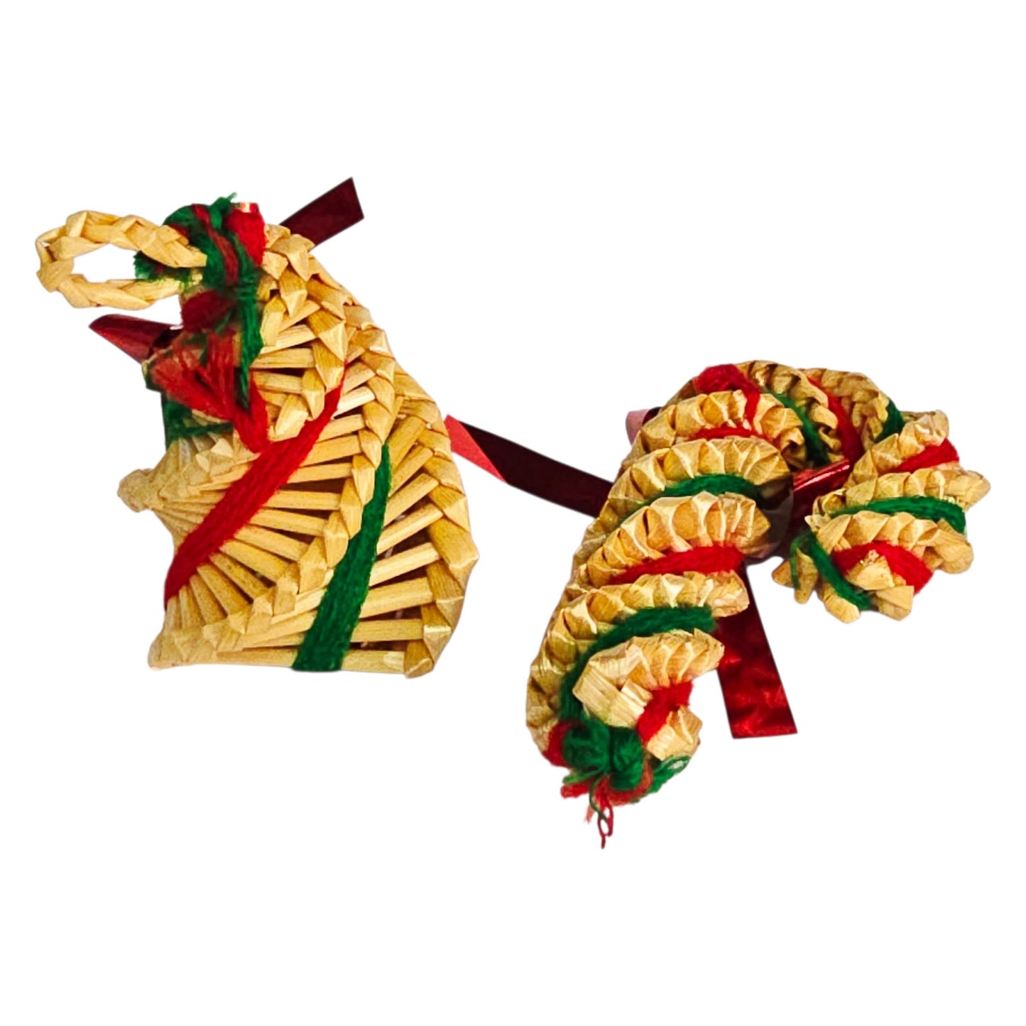Vtg Folk Art Mexican Siral Woven Christmas Ornaments Set of 2 Tree & Candy Cane