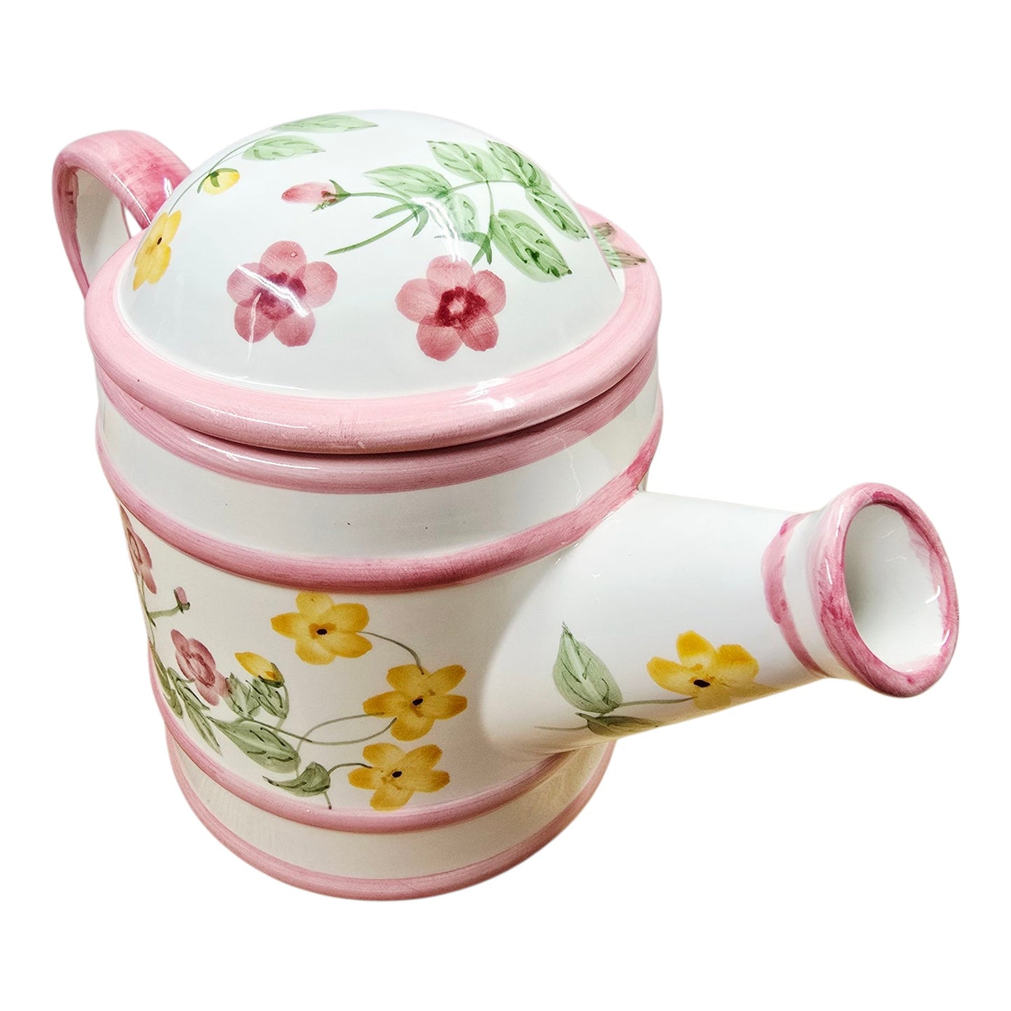 Vtg Lillian Vernon Floral Watering Can Teapot Pink Trim Ceramic Hand Painted Lid