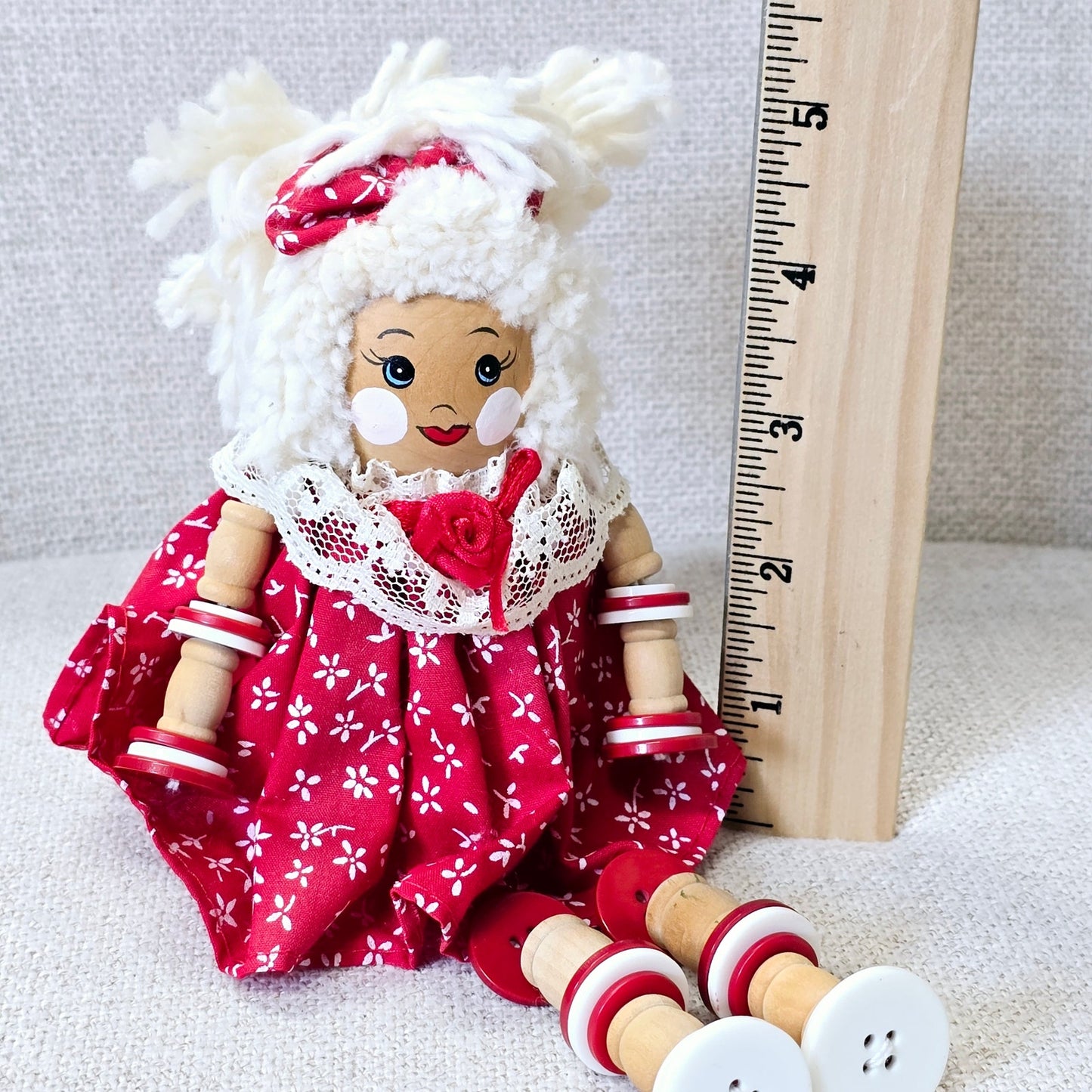 Adorable Vintage Button Doll Shelf Sitter, Red Dress