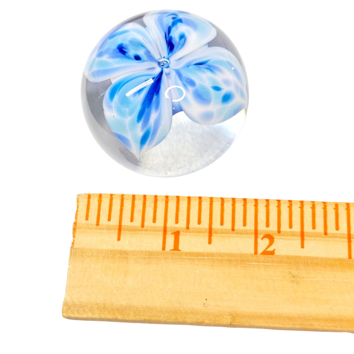 Signed Jodi Bove 1991 Art Glass Paperweight Blue White Floral Swirl Flower 2"