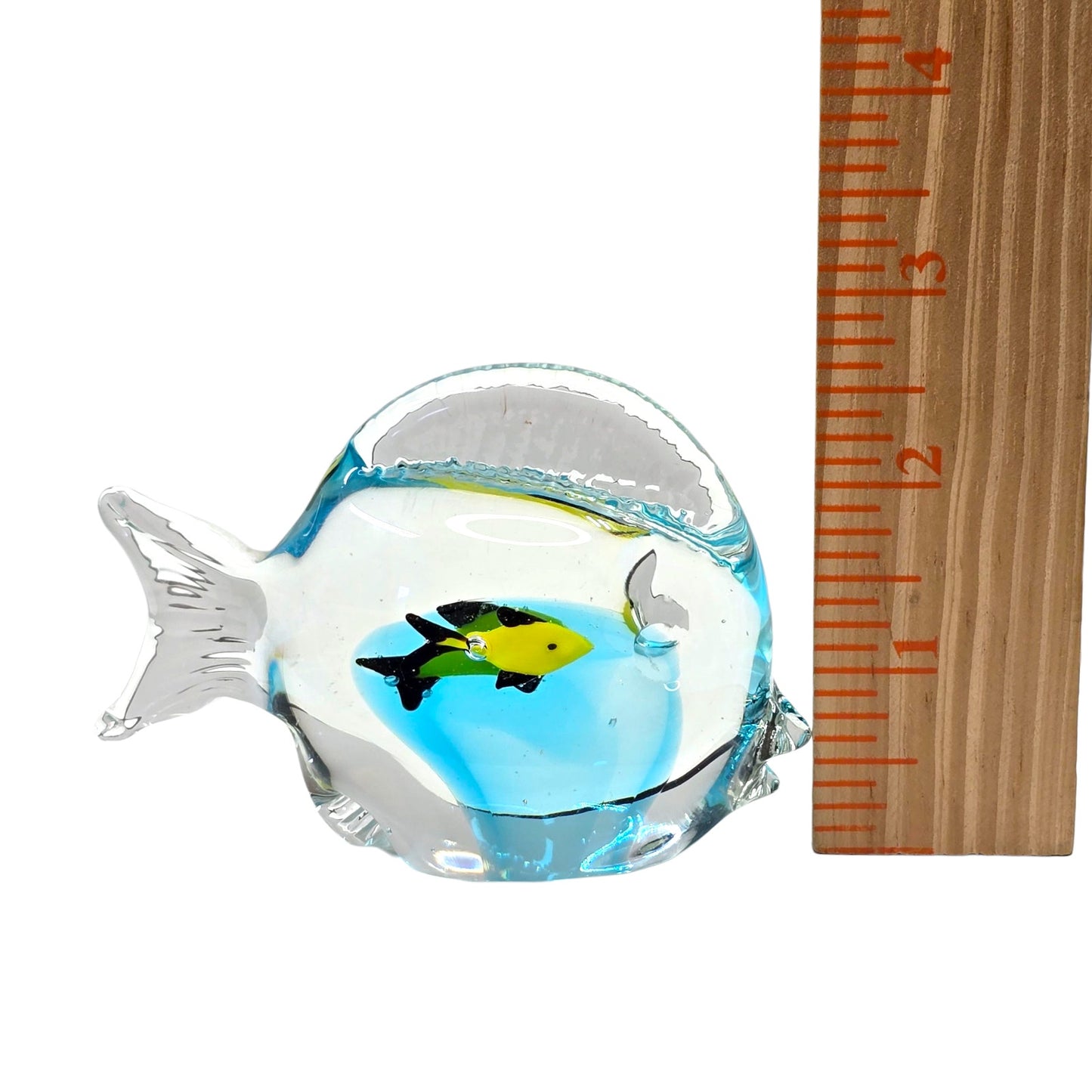 Vtg Art Glass Fish Paperweight Aqua Blue Interior Yellow Fish Aquarium Decor