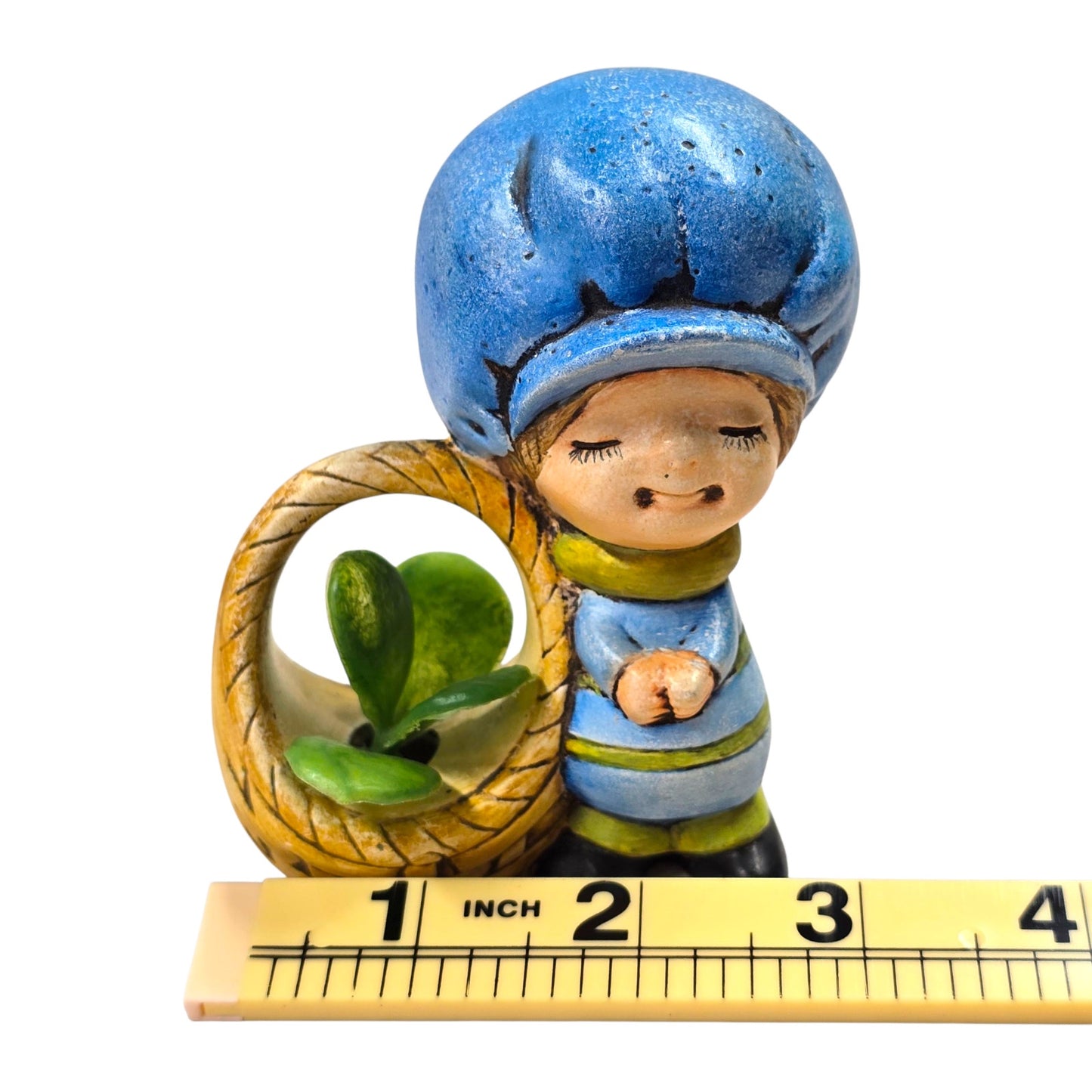 Vtg Big Bonnet Girl Figurine Basket Planter Blue Hat Air Plant Holder 3"