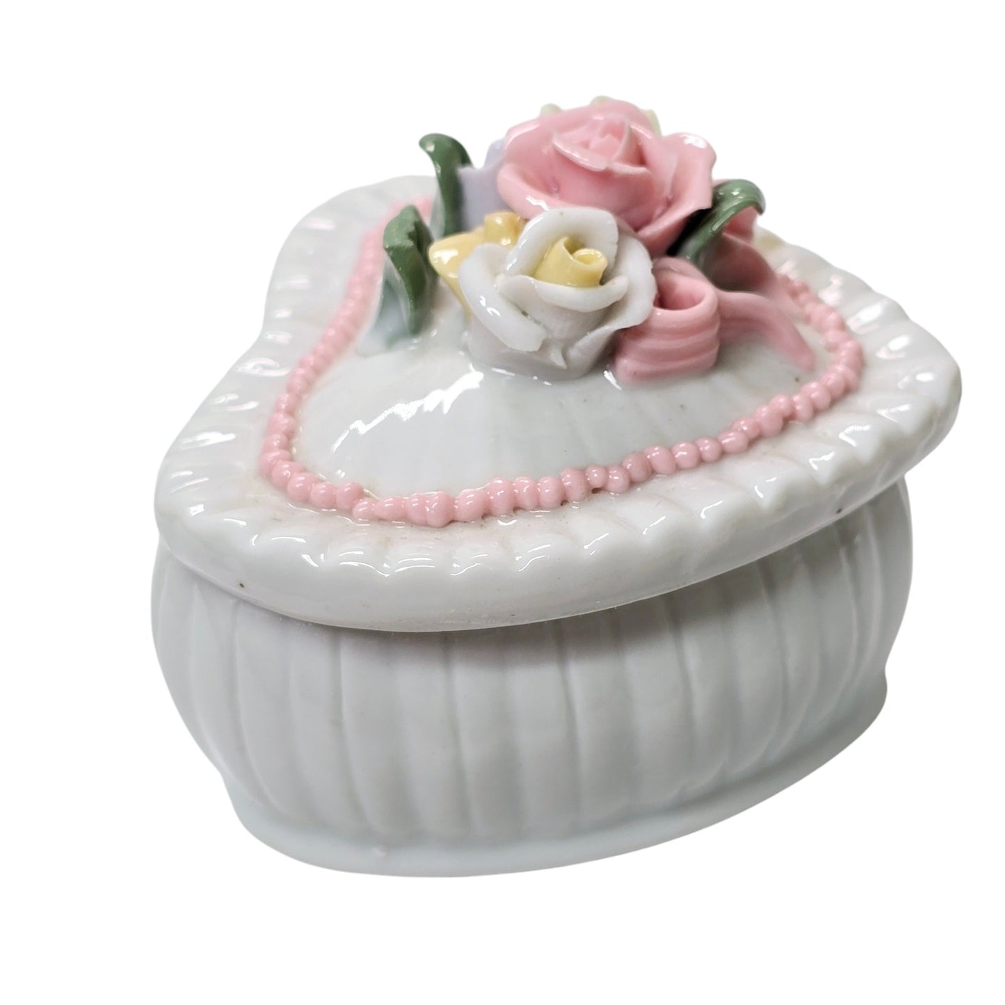 AS IS Vintage Heart Shaped Porcelain Trinket Box Ring Holder with Roses Accents
