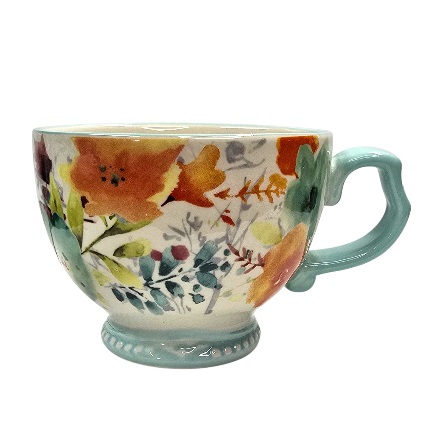 Pioneer Woman Willow 27oz Ceramic Cup Mug Floral Mint Handle Farmhouse Kitchen
