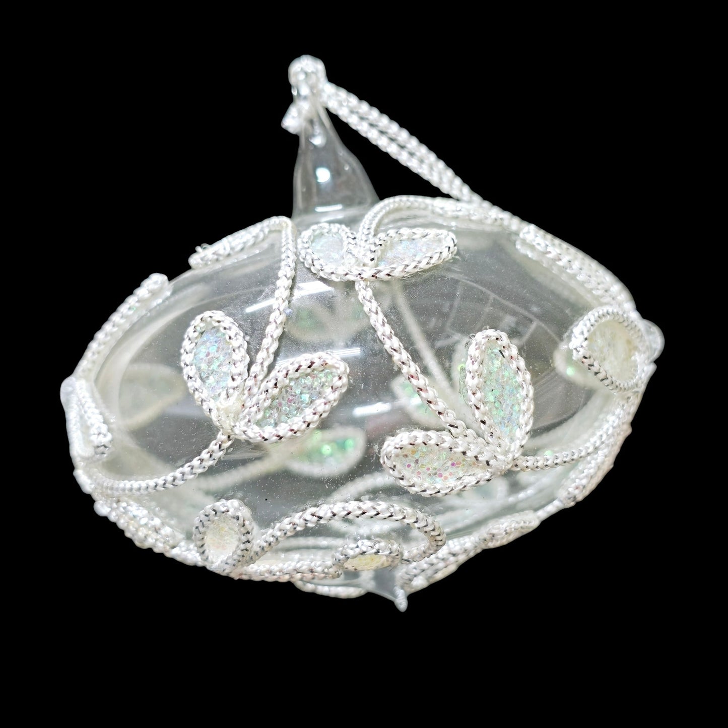 Glass Embellished Ornament, White Iridescent Floral Trim