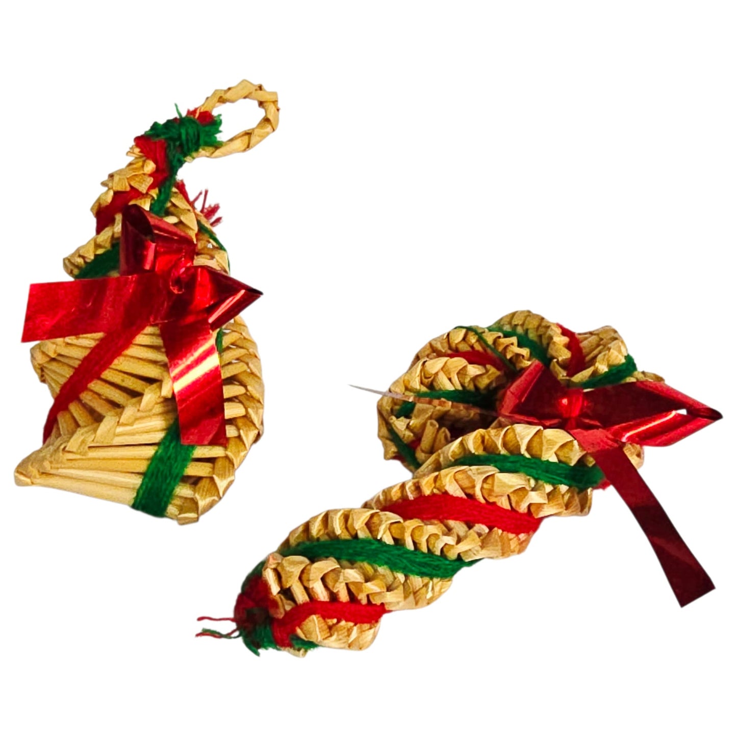 Vtg Folk Art Mexican Siral Woven Christmas Ornaments Set of 2 Tree & Candy Cane