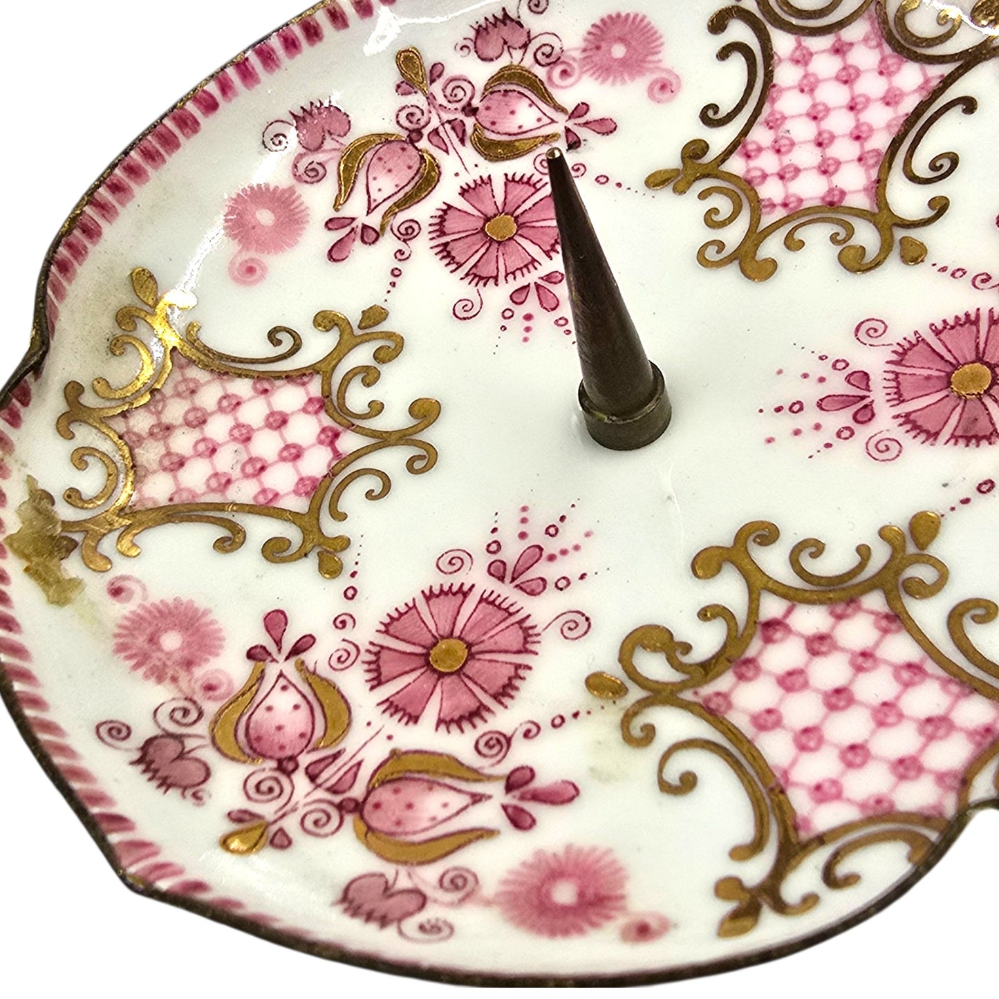 Pair Vintage Austrian Footed Porcelain Spike Candle Dishes Pink & Gold Floral Austria