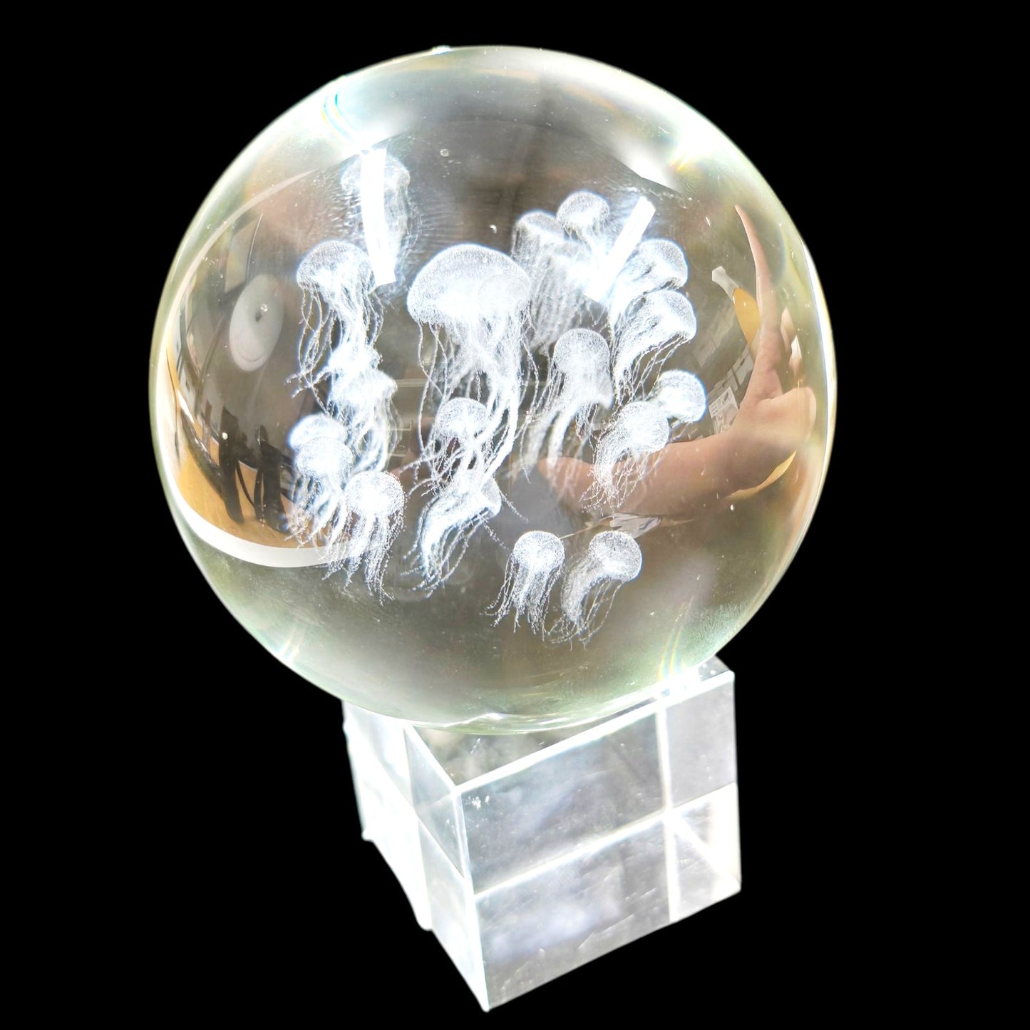 Vintage Art Glass Sphere on Glass Stand Tiny Jellyfish Paperweight Handblown