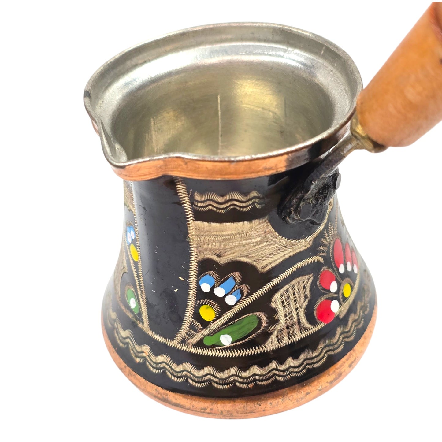 Vintage Hand Painted Copper Turkish Coffee Pot 6oz Enamel Floral Folk Art Cezve w/ Wood Handle
