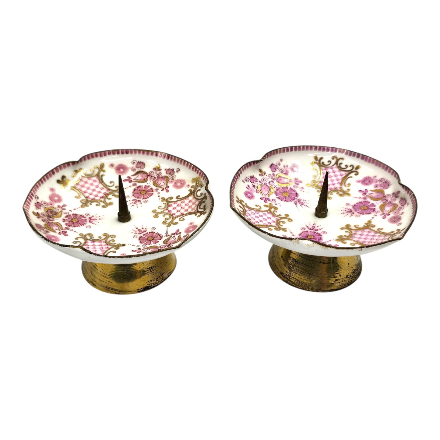 Pair Vintage Austrian Footed Porcelain Spike Candle Dishes Pink & Gold Floral Austria