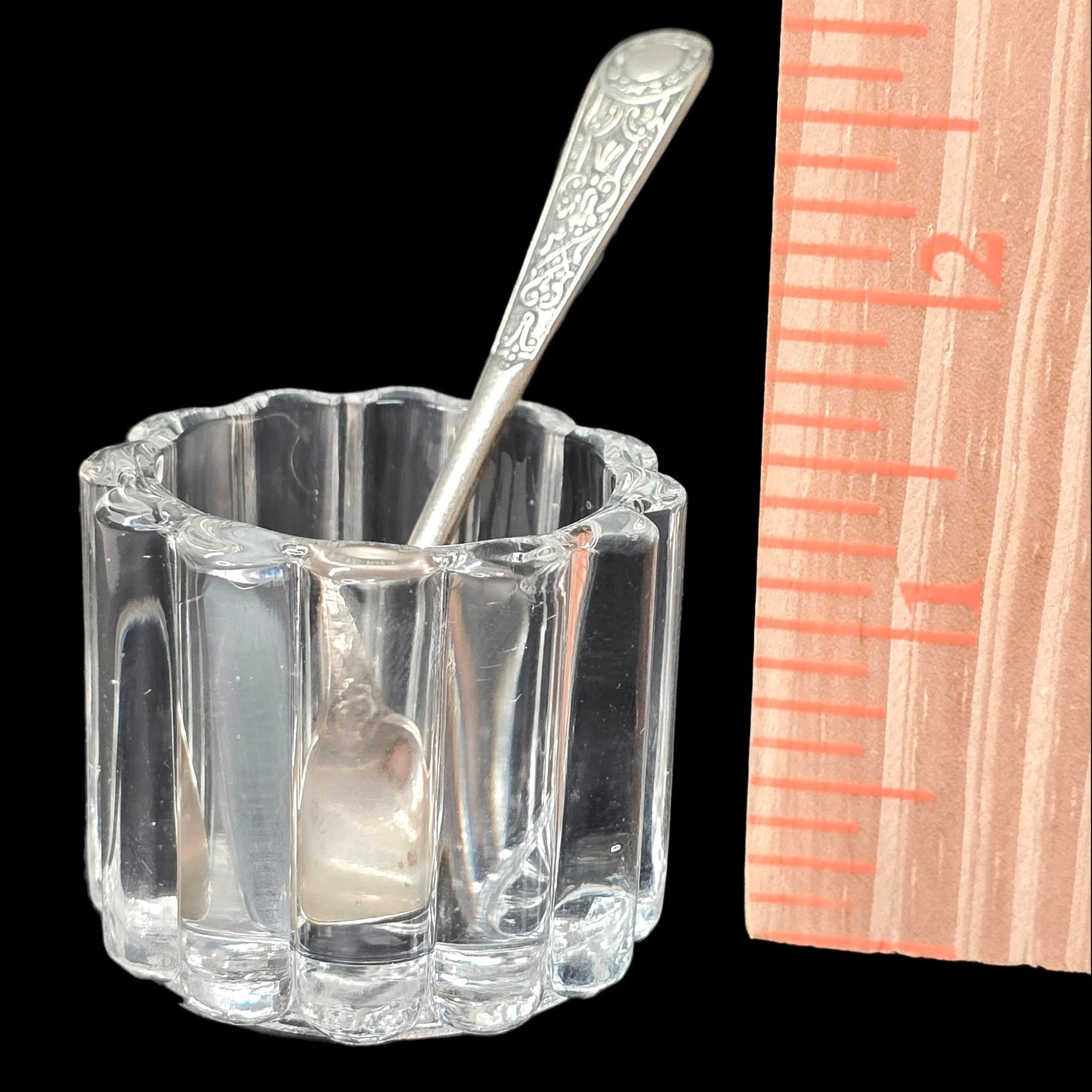 Vintage Heisey Crystolite Mustart Pot Glass Open Salt Sugar Ornate Floral Spoon