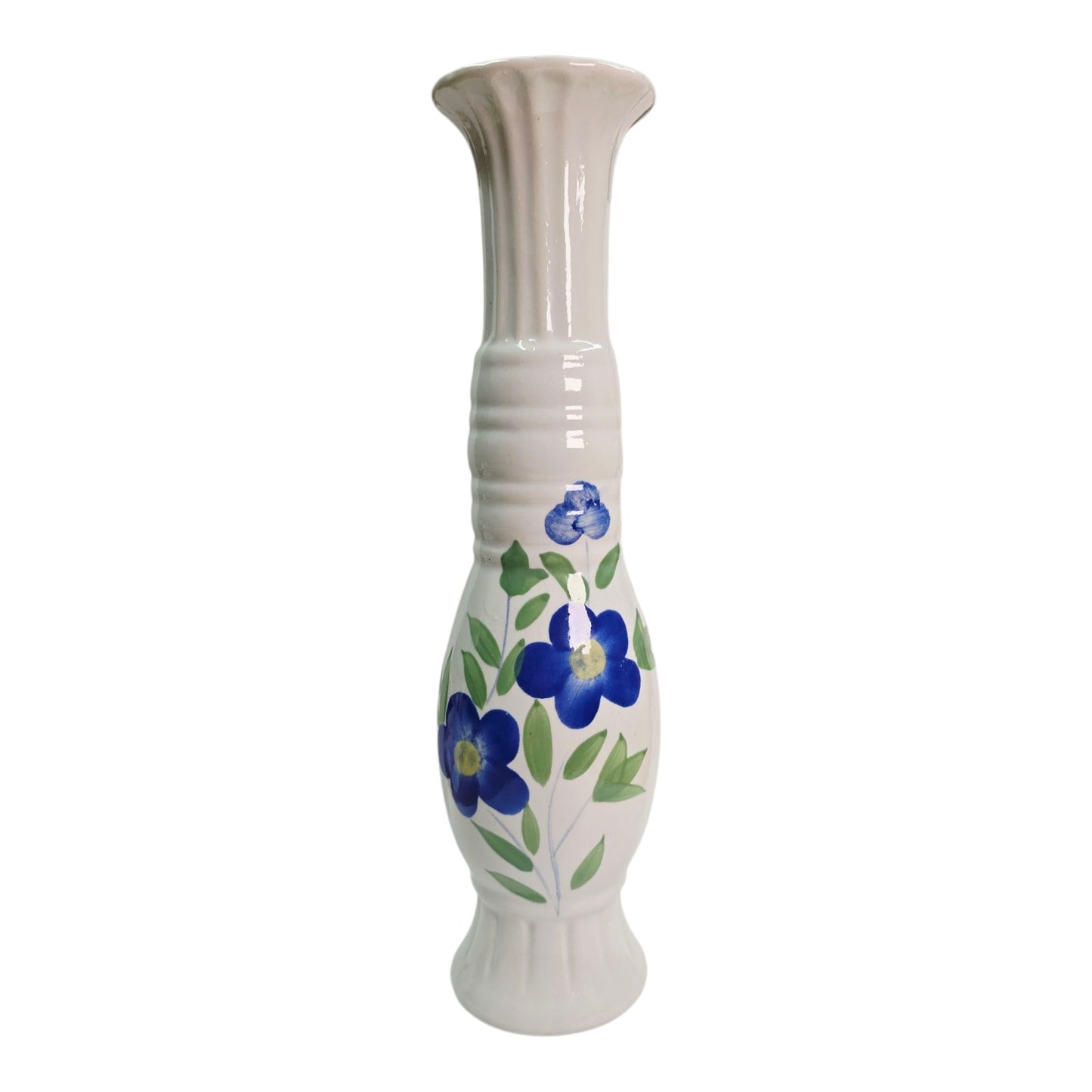 Vtg Stoneware Blue & Green Floral Vase Grecian Tall Vase 11"