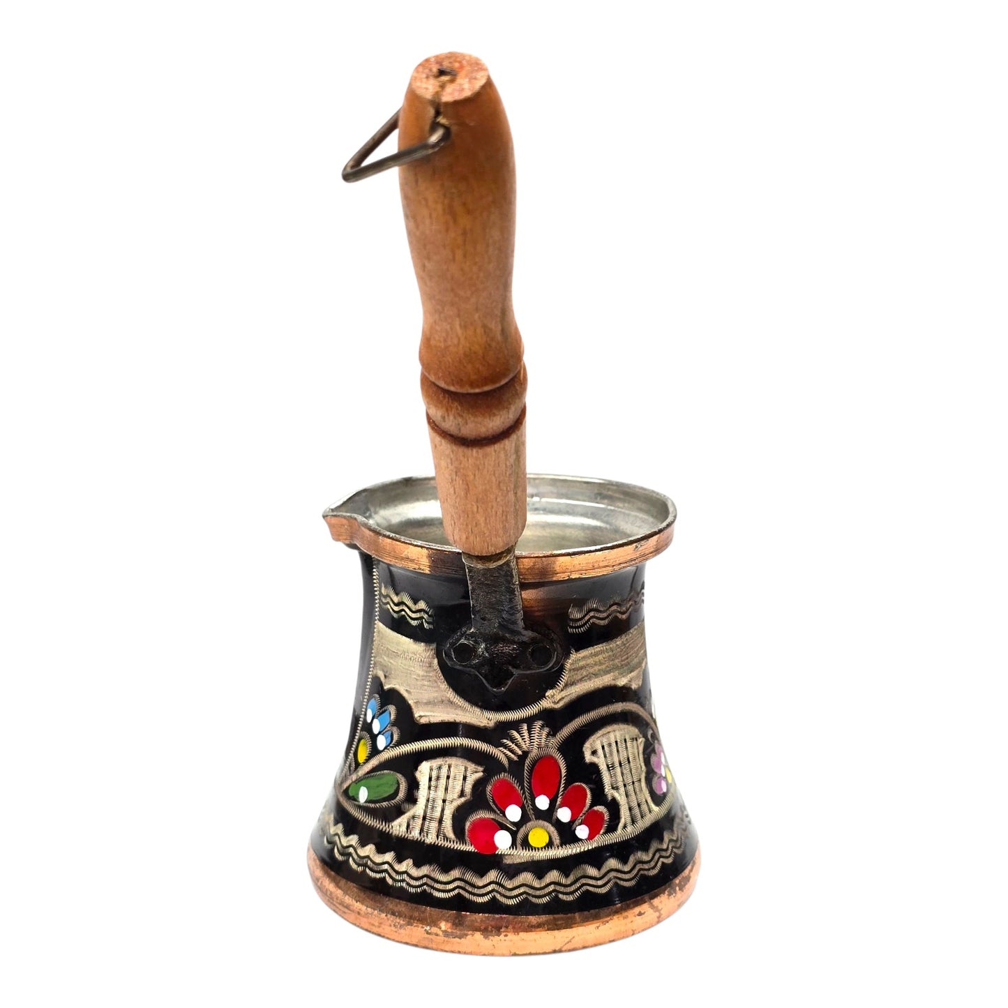 Vintage Hand Painted Copper Turkish Coffee Pot 6oz Enamel Floral Folk Art Cezve w/ Wood Handle