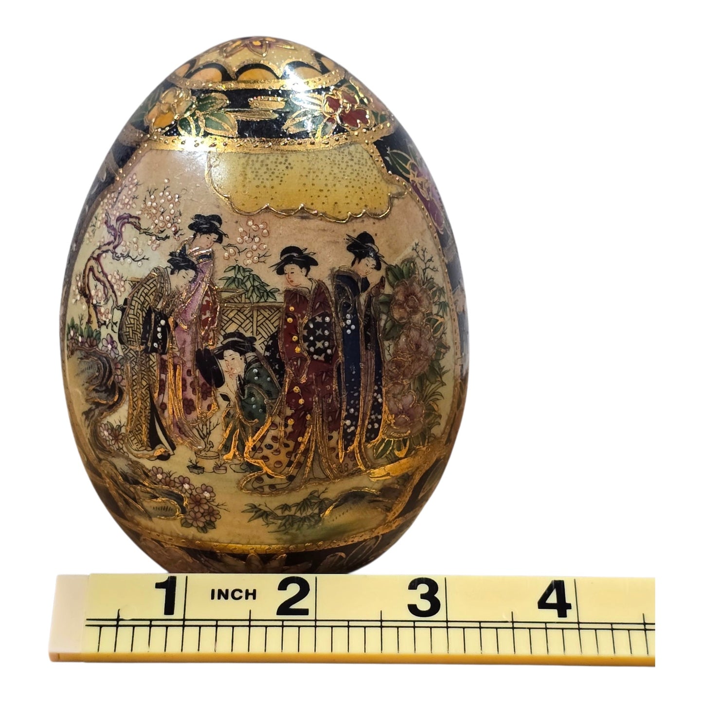 Vtg Satsuma Egg Figurine Hand Painted Geisha Floral Gilt Japan Ceramic