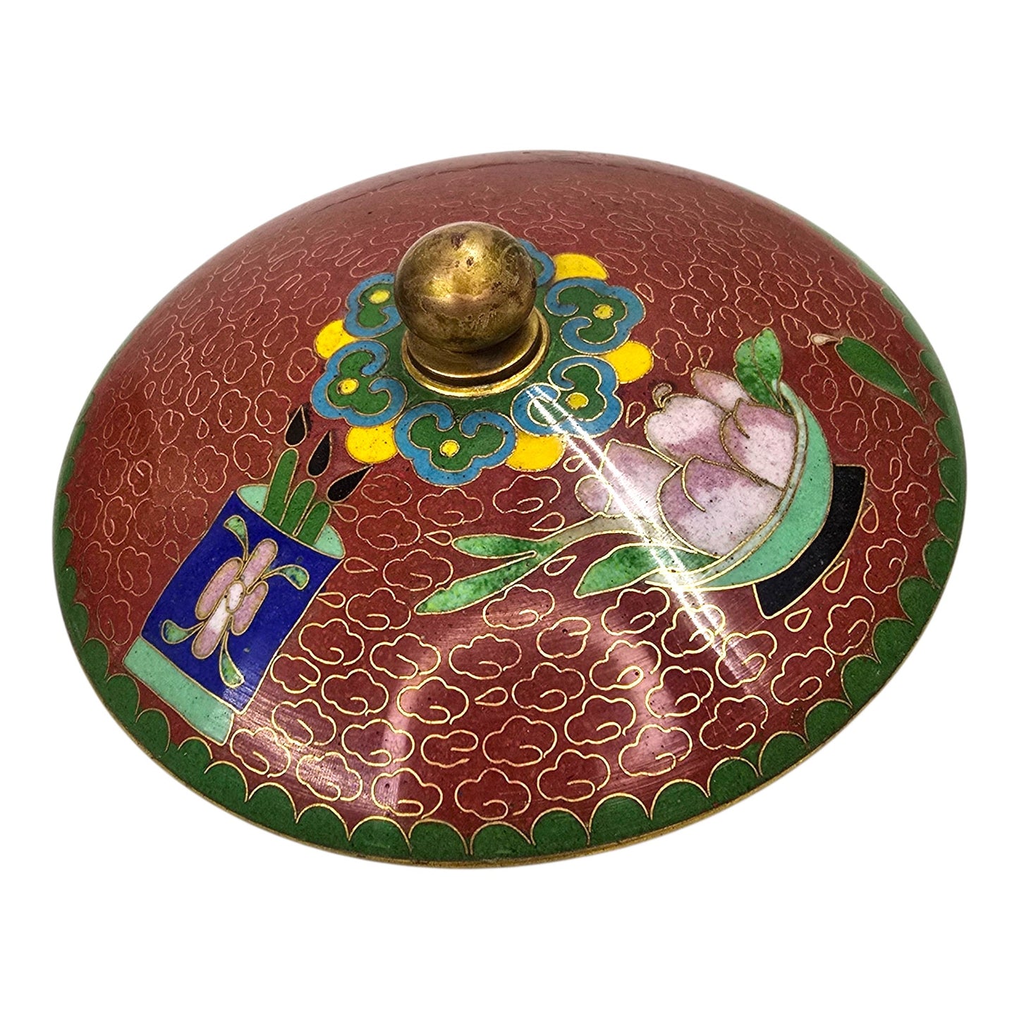 Vtg Chinese Cloisonne Lidded Bowl Red Enamel Lotus Floral Brass Vanity Dish