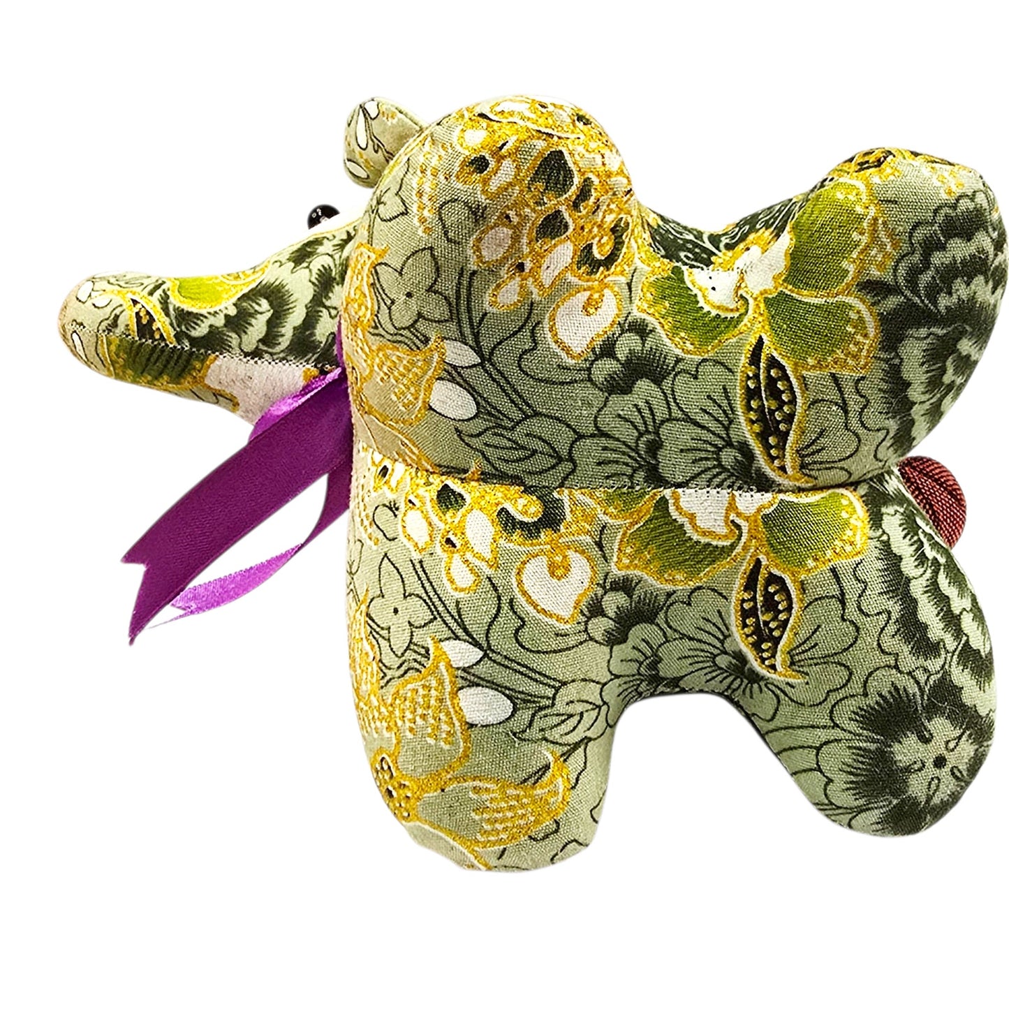 Thai Elephant Doll Handmade Stuffed Toy Green & Yellow Fabric Purple Ribbon