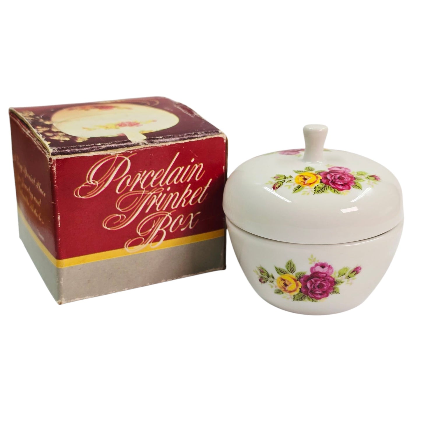 Vintage Porcelain Apple Trinket Box Jewelry Box Lidded Rose Floral Flowers