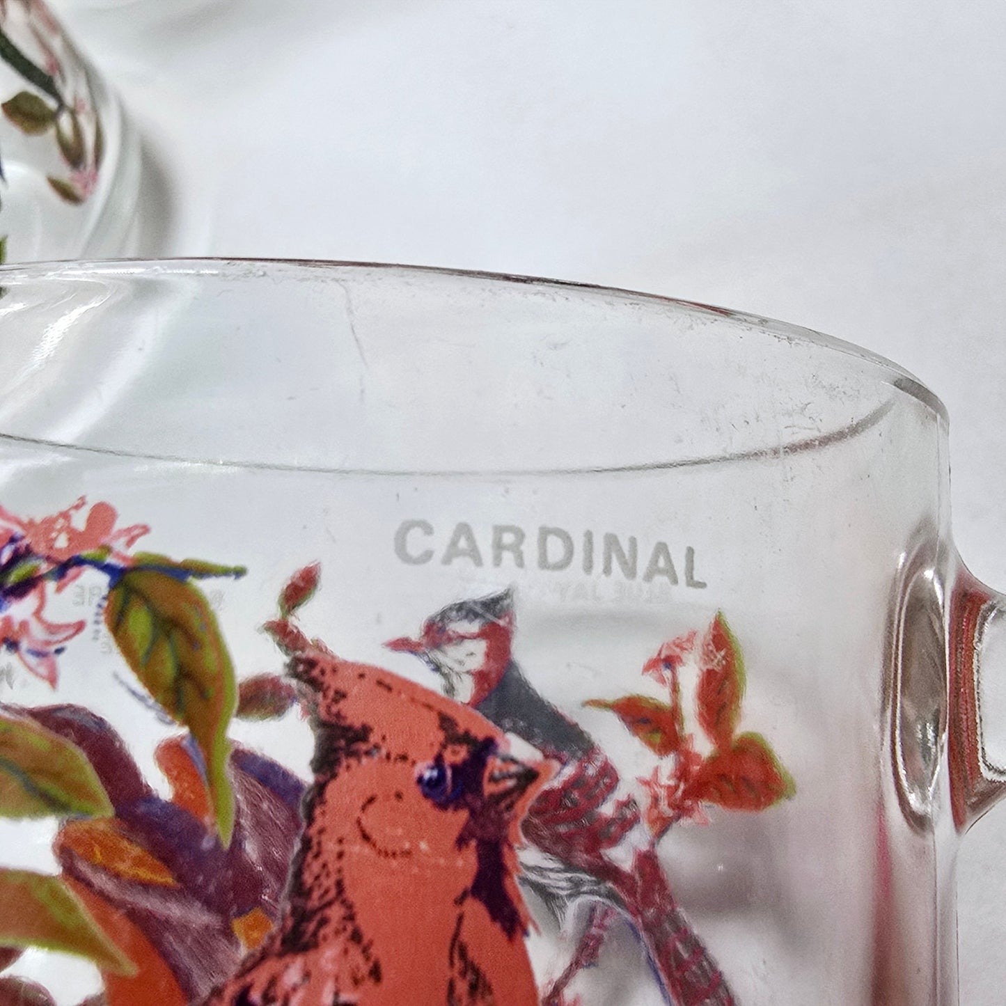 Set of 5 Vintage Arcoroc France Bird Glass Mugs 1970's Blue Jay, Oriole, Woodpecker and Cardinal
