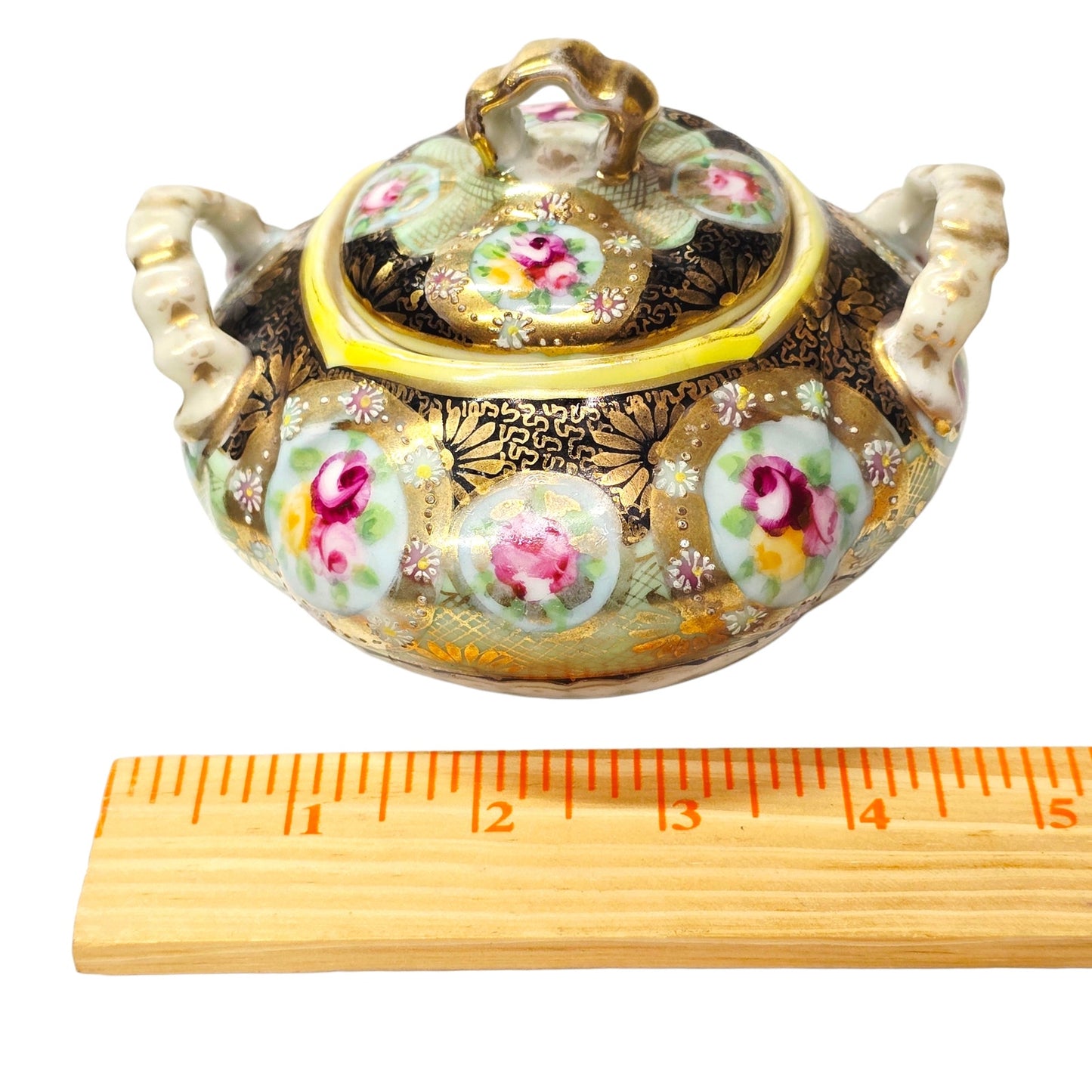 Vintage Royal Kinran Nippon Hand Painted Porcelain Lidded Sugar Bowl Moriage