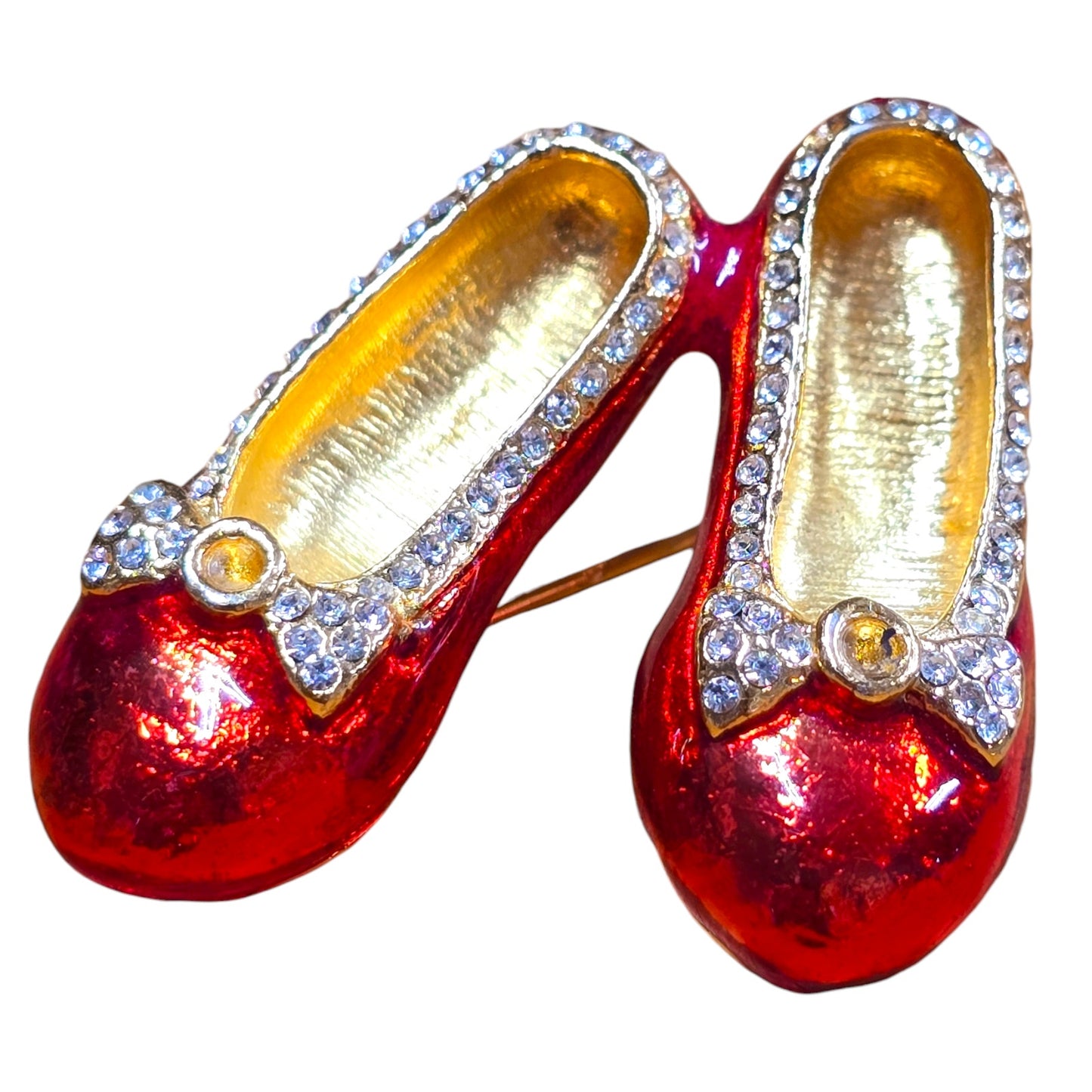 AS IS Ruby Slippers Red Enamel Rhinestone Accents Bow Red Shoes Pin Brooch Jewelry