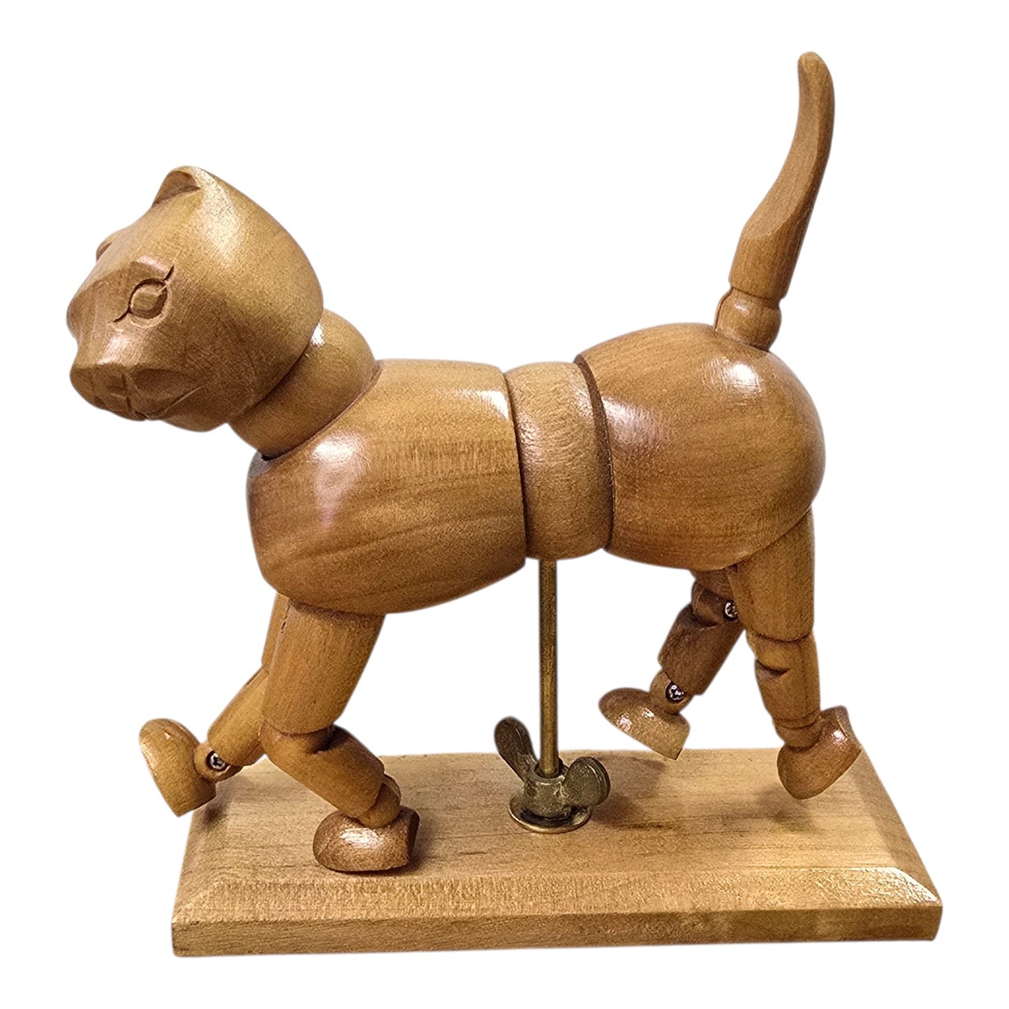 Vintage Articulated Wooden Cat Model Artist Mannequin Figurine Poseable on Stand