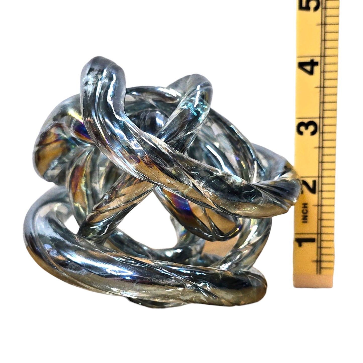 Iridescent Glass Infinity Knot Sculpture Twist Loop Orb Modern Home Decor Blue