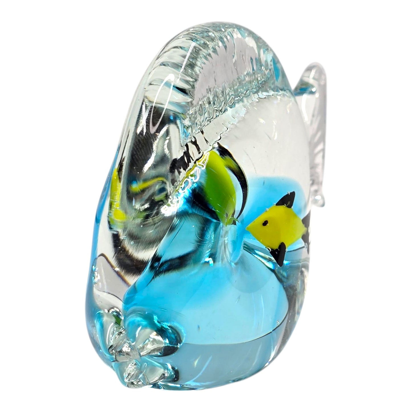Vtg Art Glass Fish Paperweight Aqua Blue Interior Yellow Fish Aquarium Decor