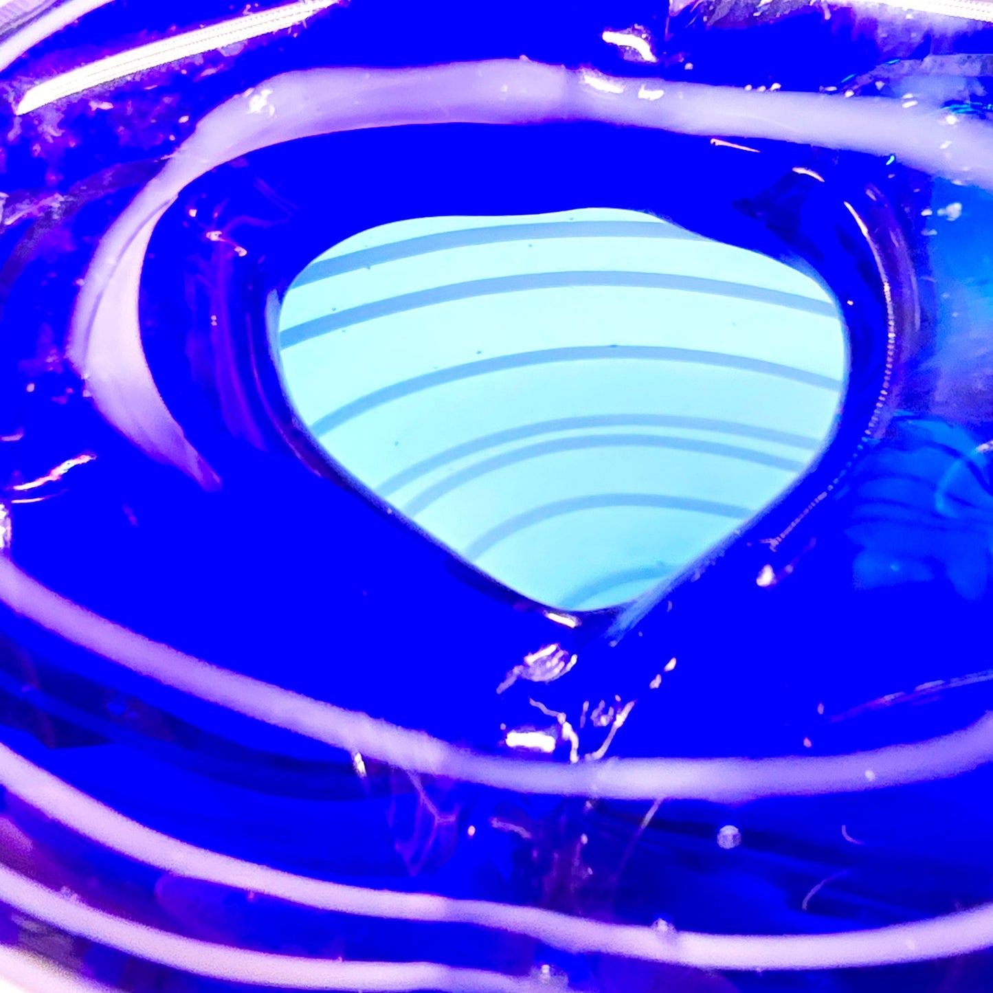 Hand Blown Art Glass Heart Shaped Vase with Blue White Stripes
