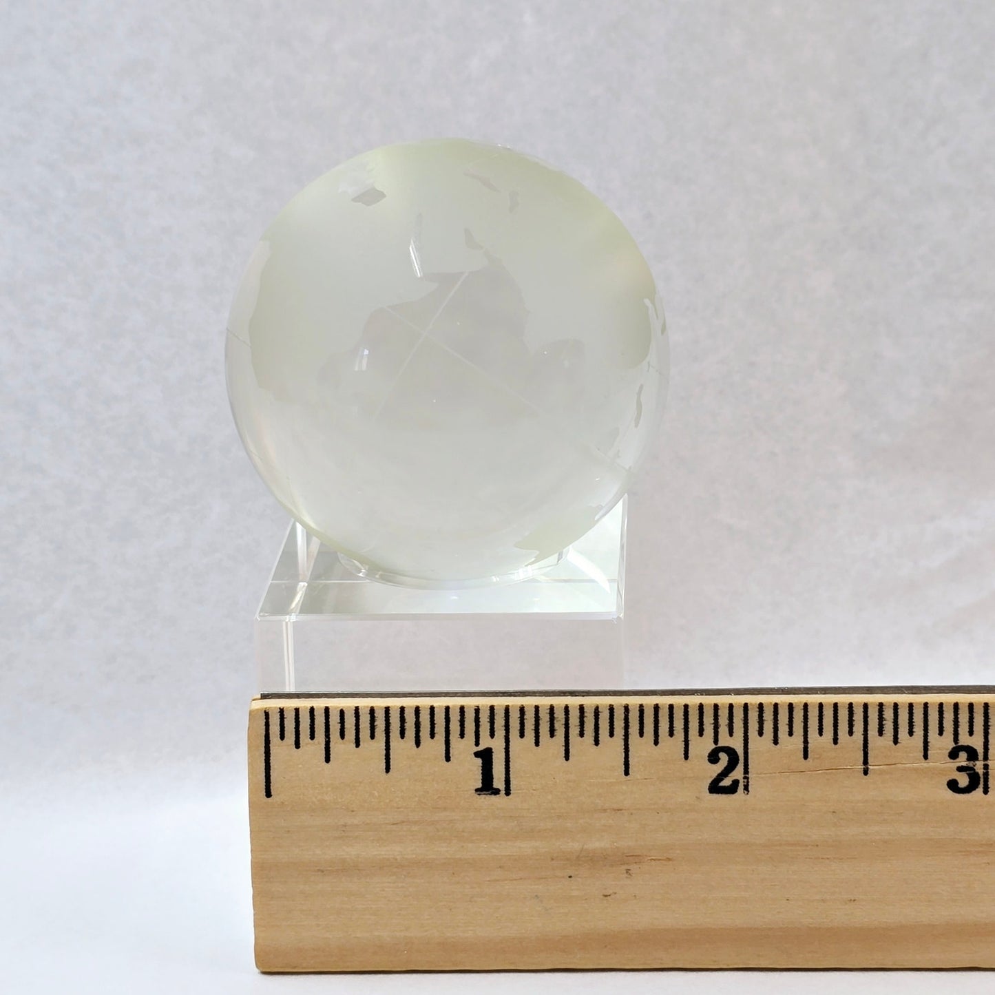 Small Etched Glass World Globe on Glass Cube Pedestal, Lightly Glows with Black Light