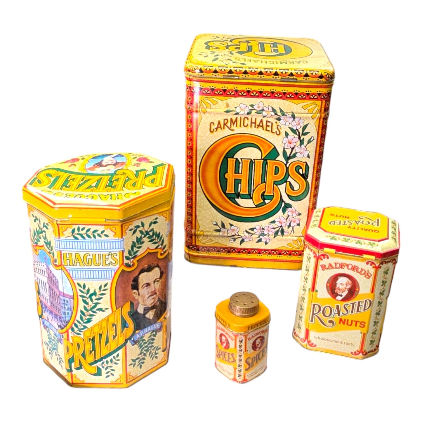4 pc Vintage Nesting Tin Cannisters, Carmichael's Chips, Hague's Pretzels, Radford's Roasted Nuts and Radford's Spice Jar