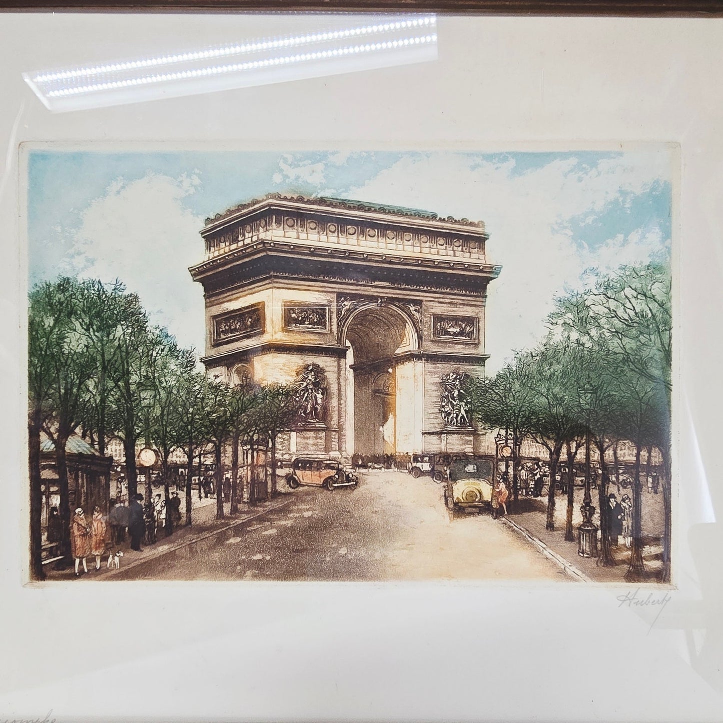 Signed Huberly Paris Scene HandColored Etching Arc de Triomphe Paris, France