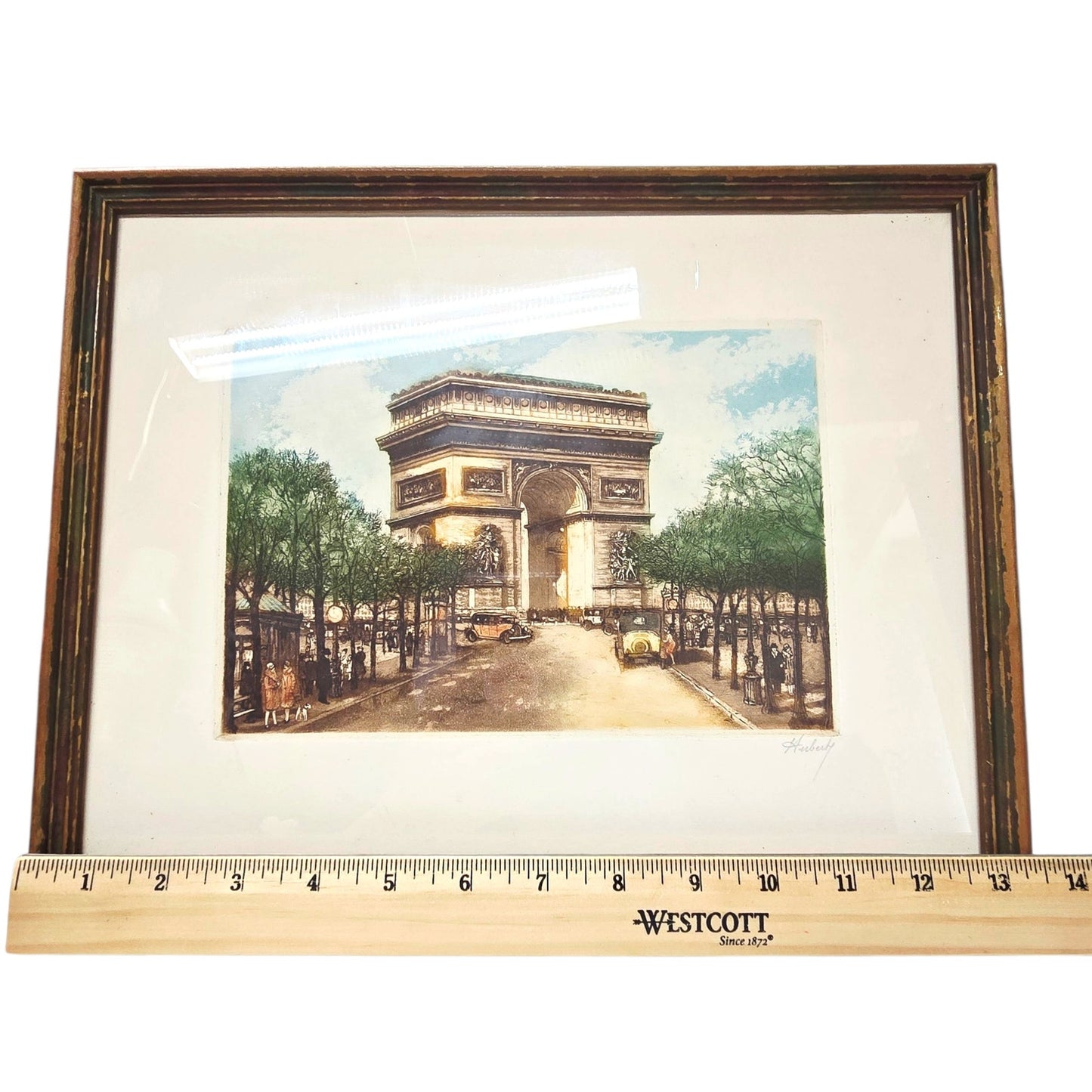 Signed Huberly Paris Scene HandColored Etching Arc de Triomphe Paris, France