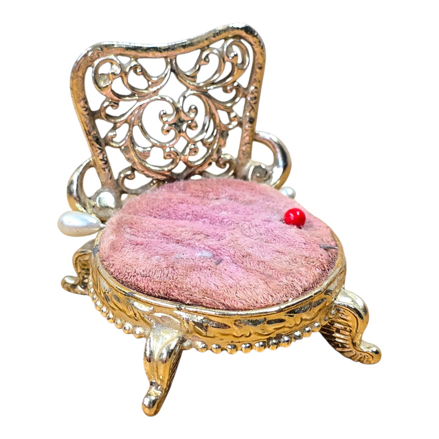 Vtg Sam Fink Miniature Chair Pin Cushion Ornate Gold Filigree Sewing Dollhouse