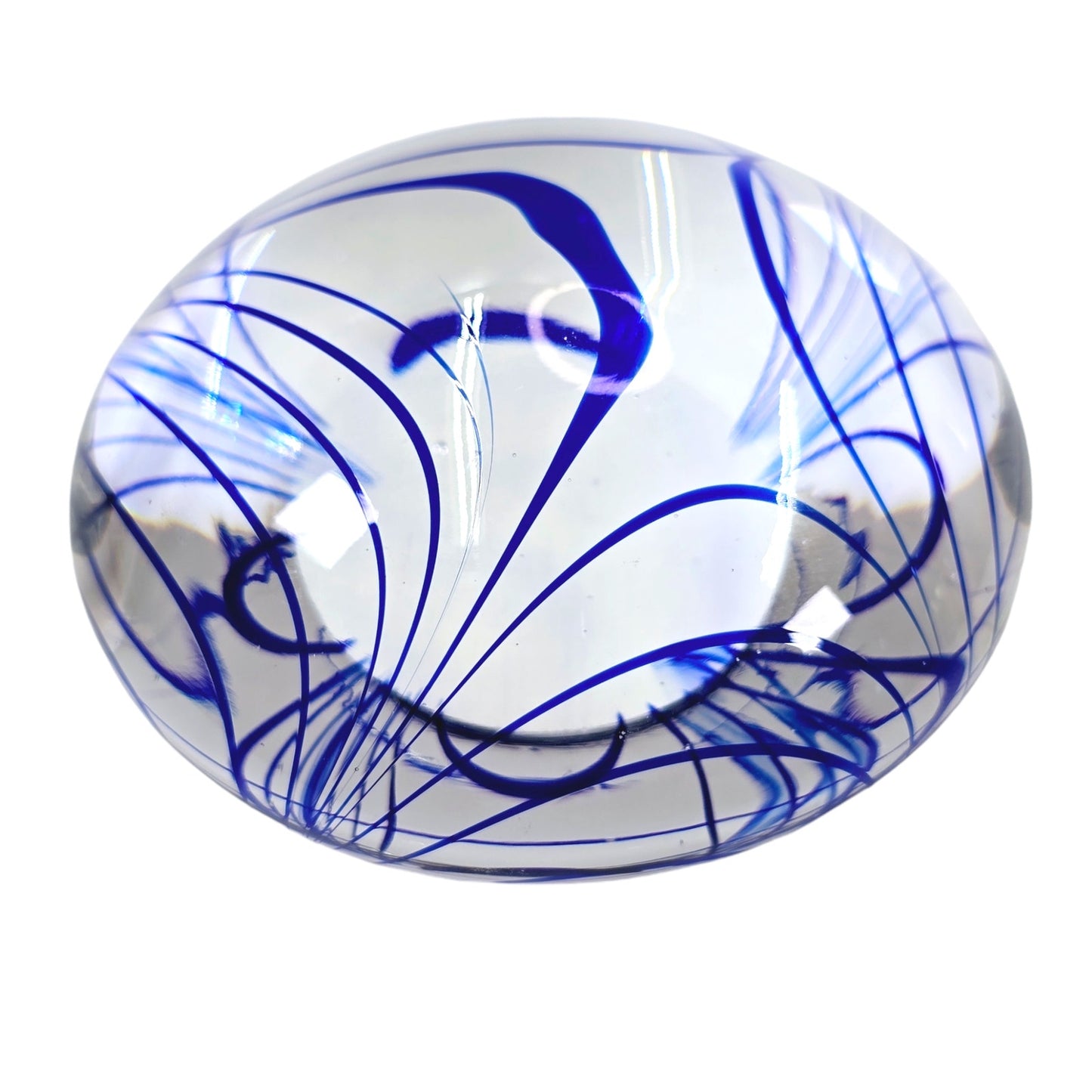 Hand-Blown Art Glass Paperweight, Cobalt Blue Swirl Design, 3" D x 1.25" H