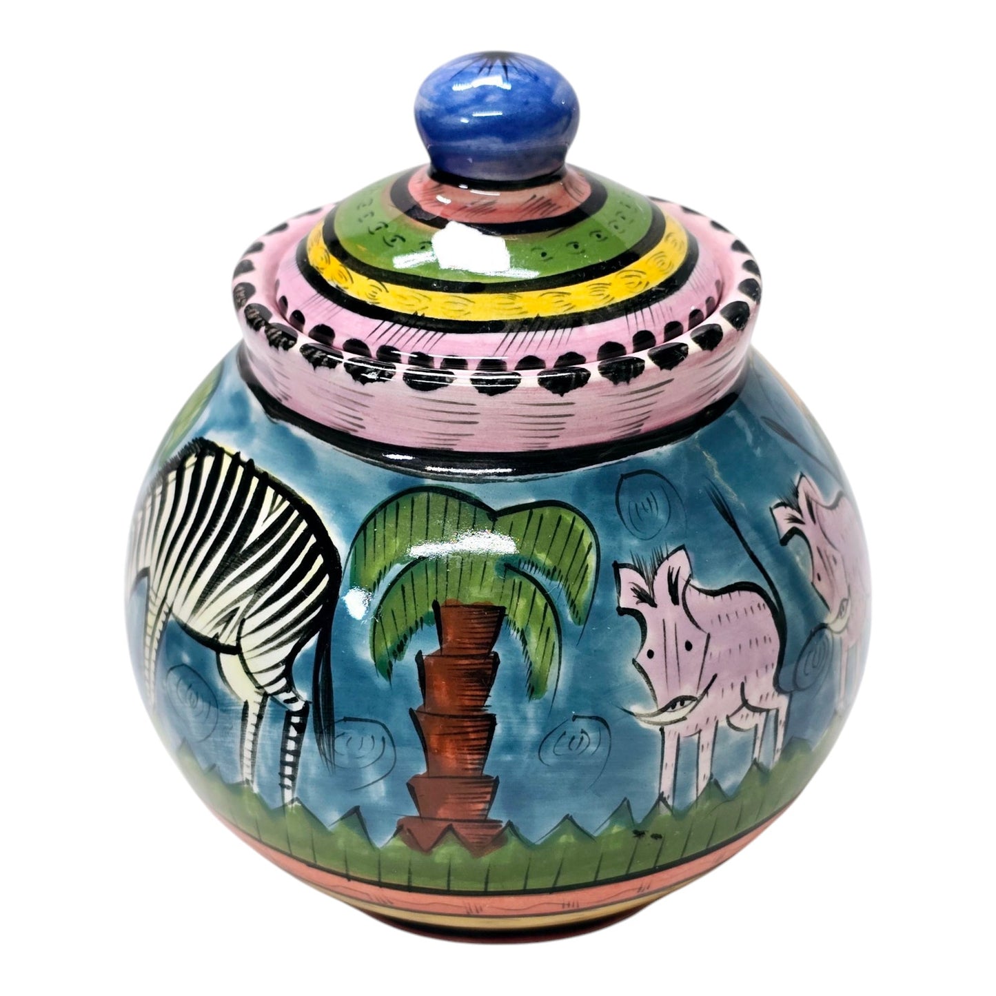 Vtg Penzo Pottery Zimbabwe Signed Hand Painted Lidded Sugar Dish African Safari