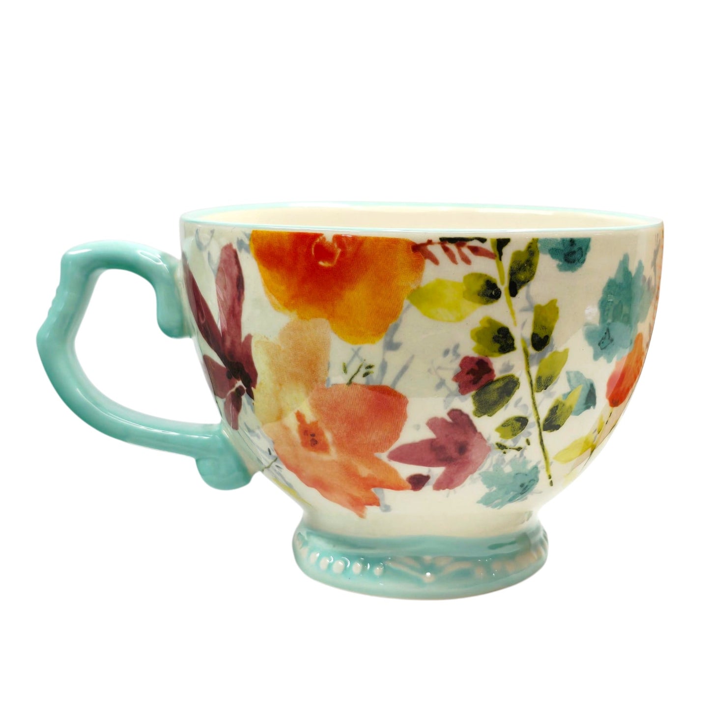 Pioneer Woman Willow 27oz Ceramic Cup Mug Floral Mint Handle Farmhouse Kitchen