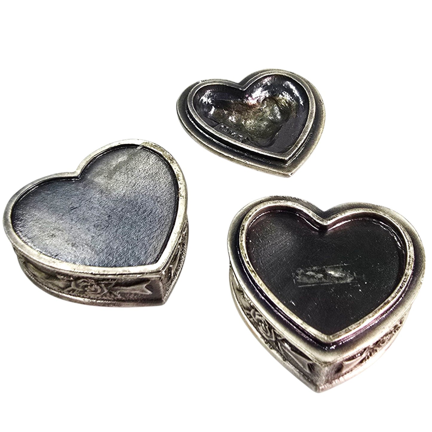 3-Pc Heart Stacked Pewter Trinket Box with Roses and Floral Motif, Signed