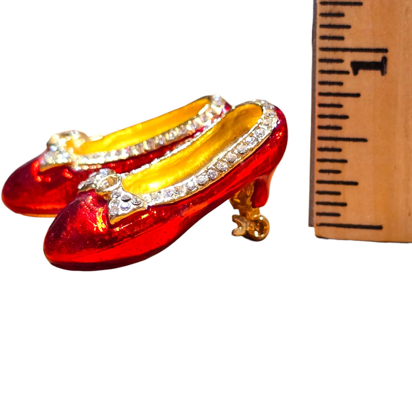 AS IS Ruby Slippers Red Enamel Rhinestone Accents Bow Red Shoes Pin Brooch Jewelry