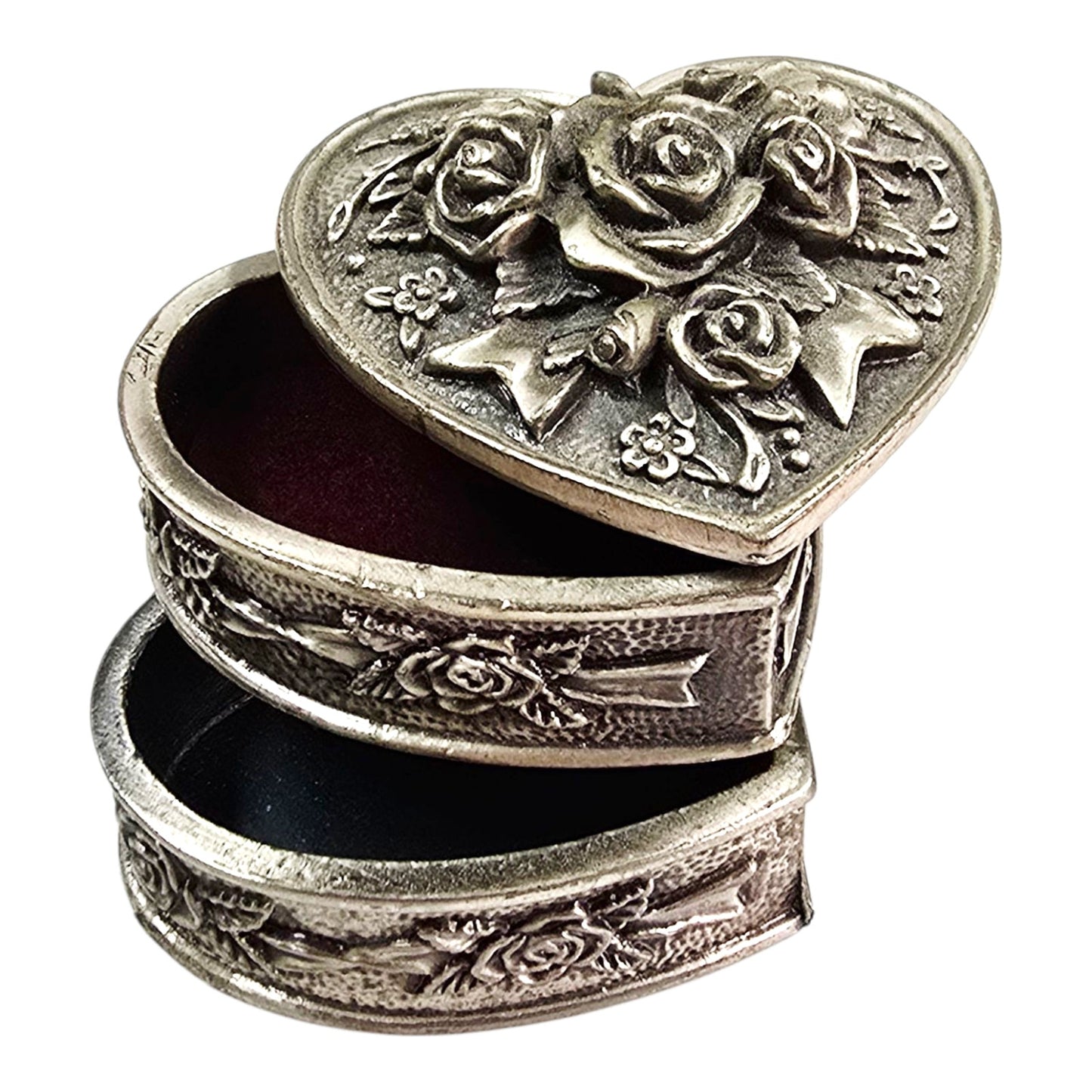 3-Pc Heart Stacked Pewter Trinket Box with Roses and Floral Motif, Signed