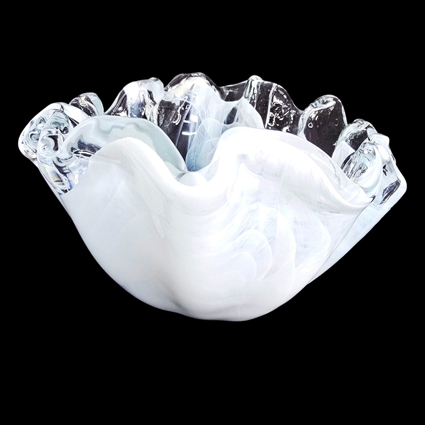 Art Glass Clam Shell Bowl White Clear Swirl Pattern Decorative Shell Glass Bowl