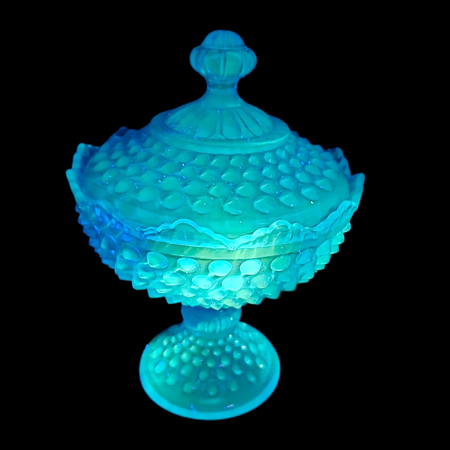 Vintage Blue Hobnail Covered Compote Pedestal Candy Dish – Glows Under 365nm UV