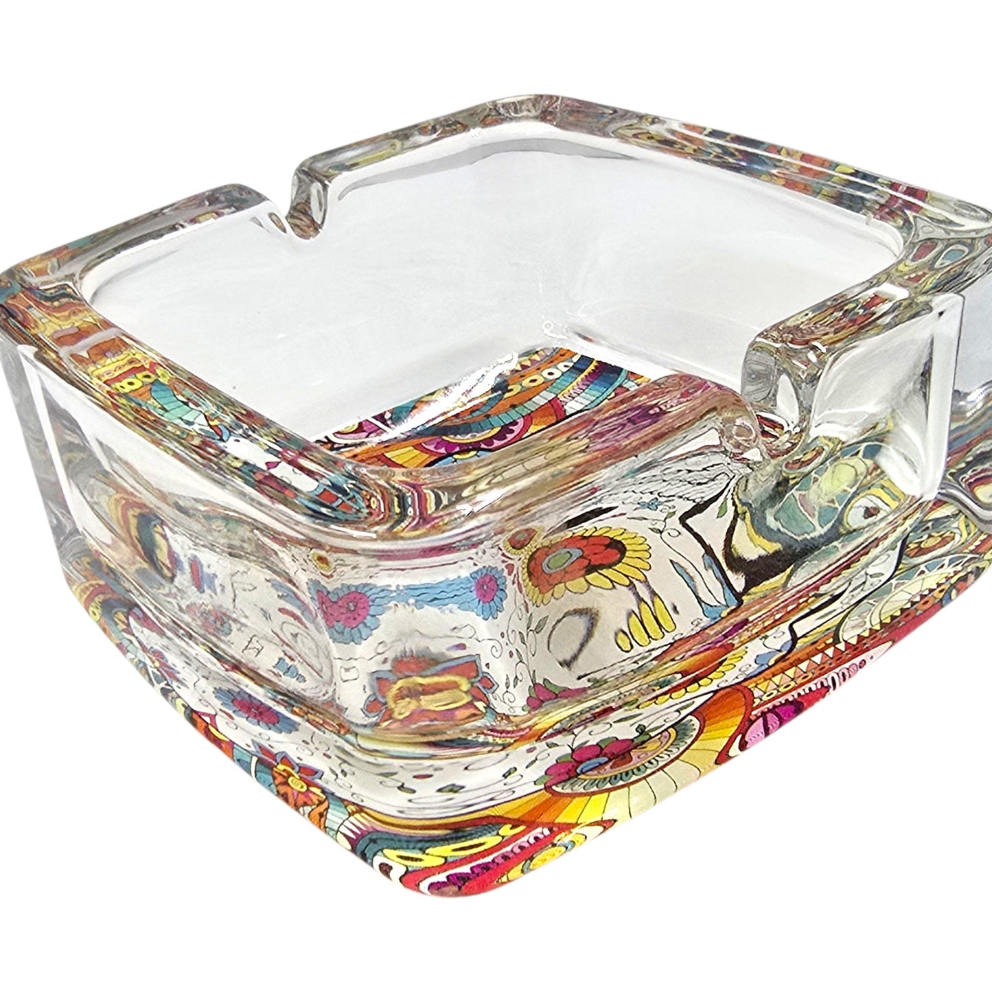 Day of the Dead Sugar Skull Heavy Glass Ashtray Trinket Dish Colorful 3"