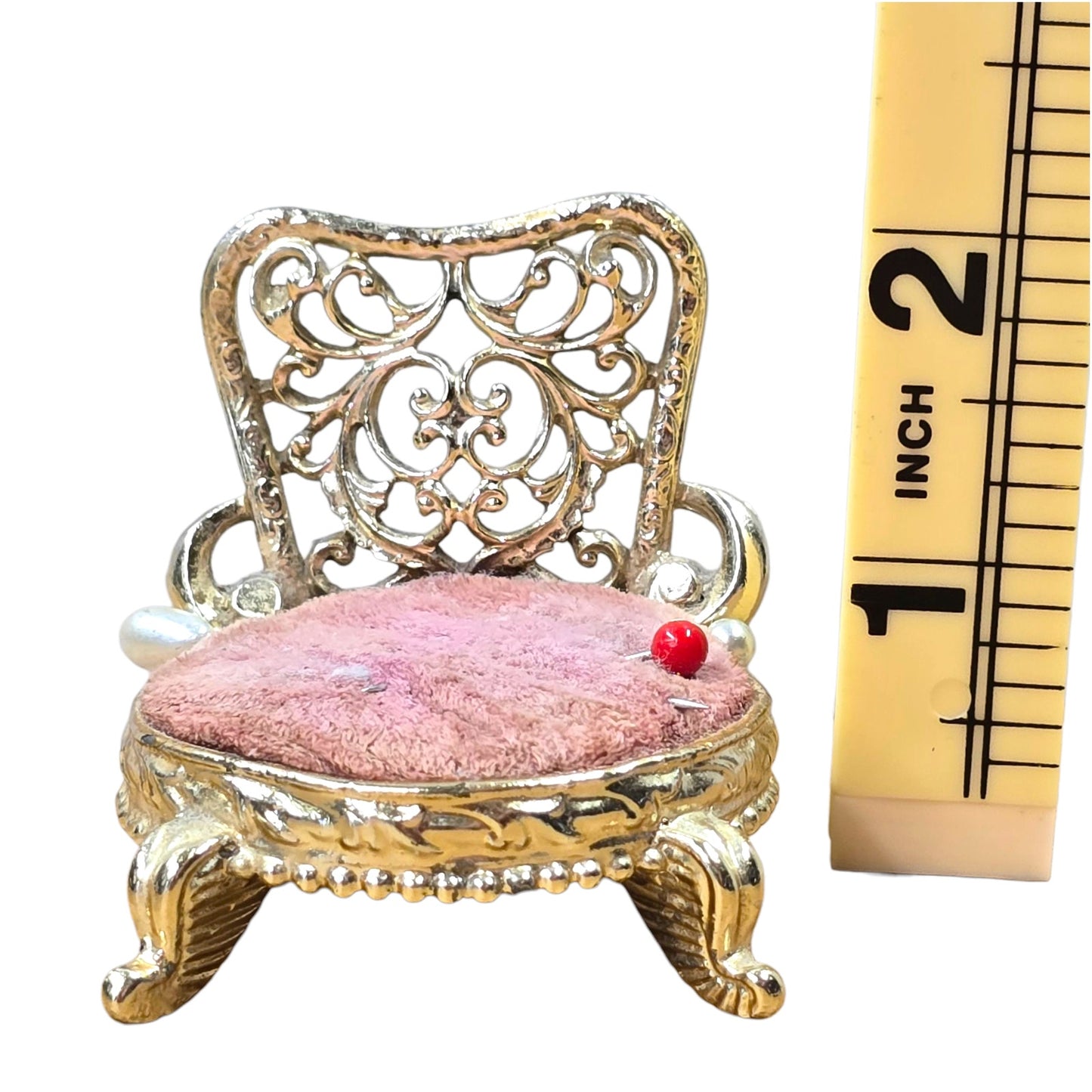 Vtg Sam Fink Miniature Chair Pin Cushion Ornate Gold Filigree Sewing Dollhouse