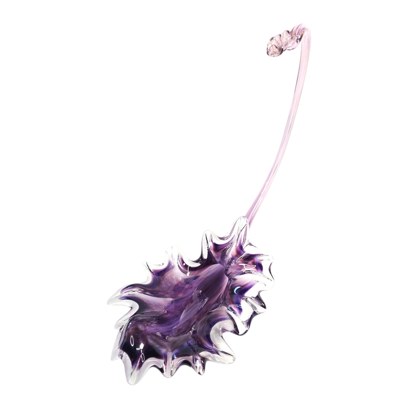 Hand-Blown Purple Trumpet Art Glass Flower Curved Up Stem, Blowing Leaf